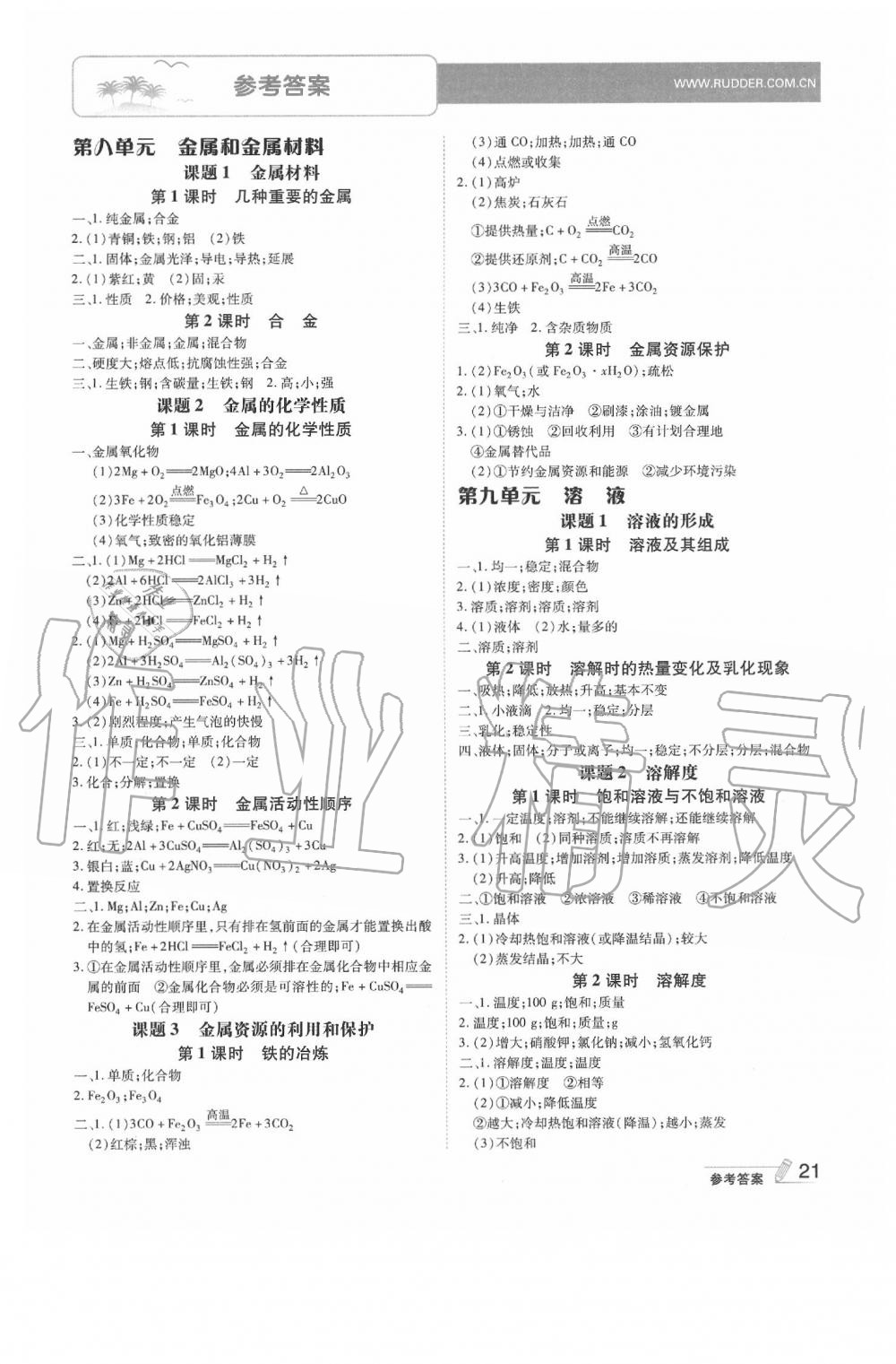 2020年點(diǎn)撥訓(xùn)練九年級(jí)化學(xué)下冊(cè)人教版安徽專版 參考答案第1頁