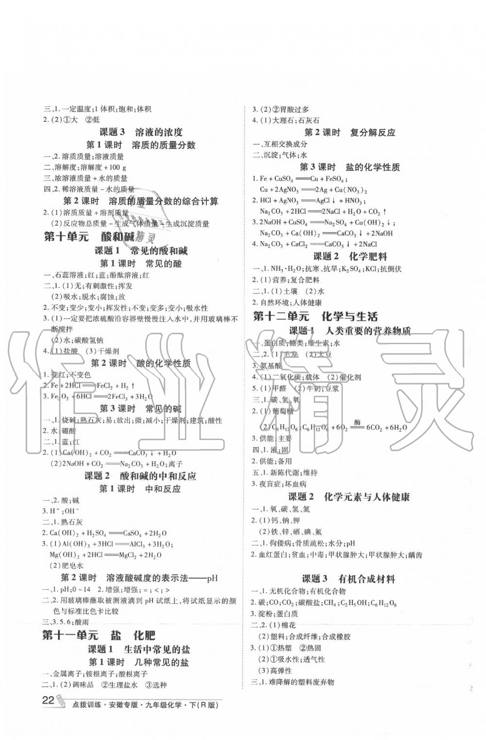 2020年點撥訓(xùn)練九年級化學(xué)下冊人教版安徽專版 參考答案第1頁