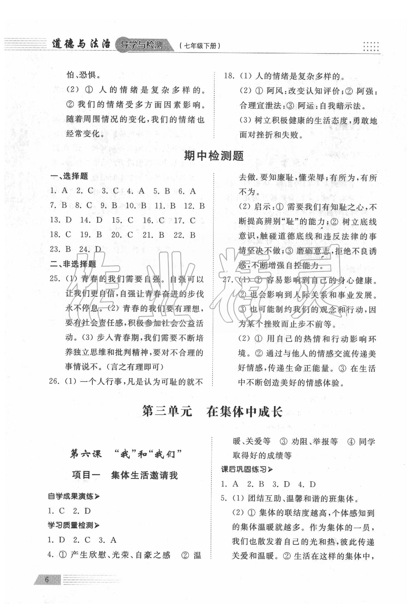 2020年導(dǎo)學(xué)與檢測七年級道德與法治下冊人教版 參考答案第6頁