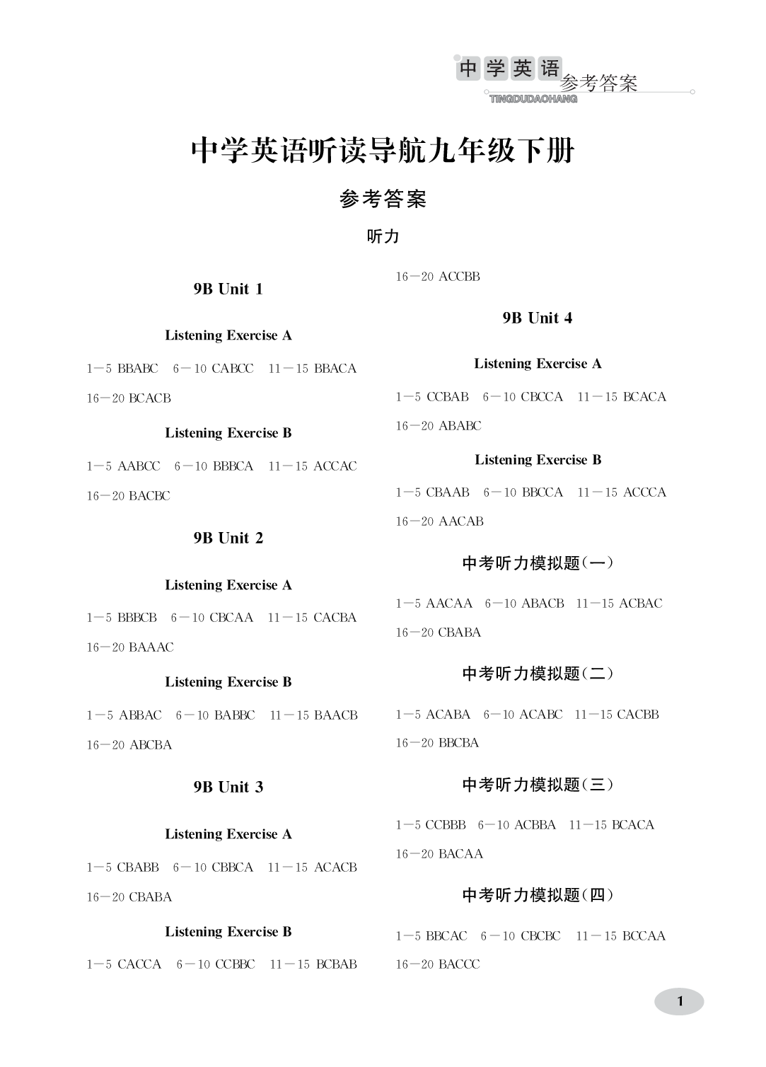 2020年中學(xué)英語聽讀導(dǎo)航九年級下冊譯林版 參考答案第1頁