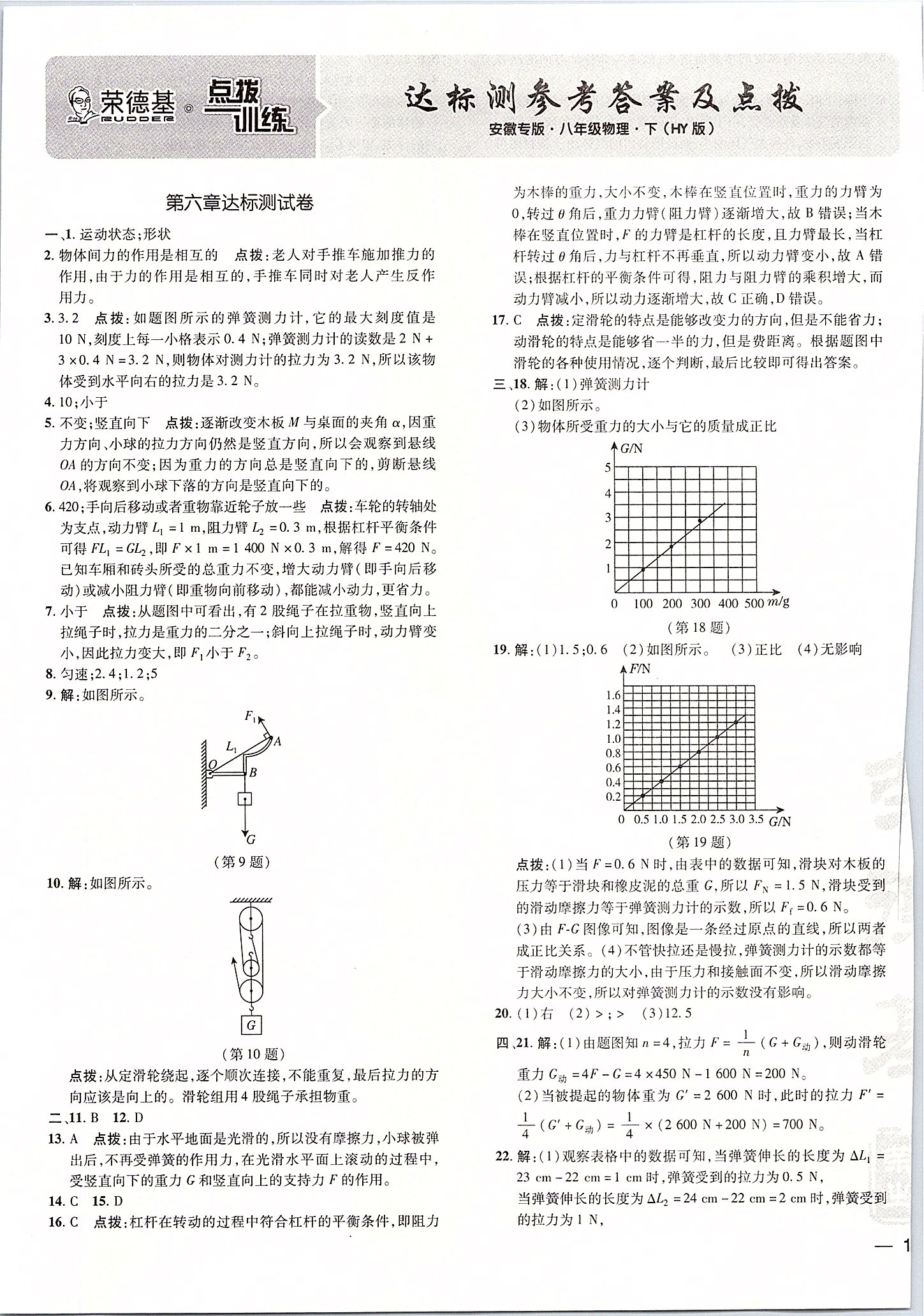 2020年點(diǎn)撥訓(xùn)練八年級物理下冊滬粵版安徽專版 參考答案第1頁