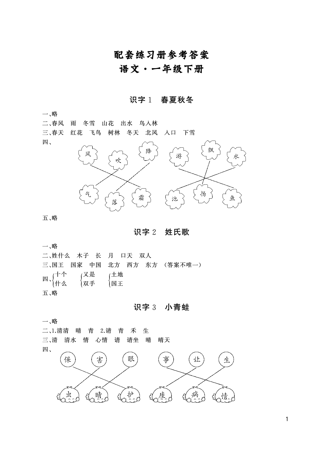 2020年伴你學(xué)配套練習(xí)冊(cè)一年級(jí)語(yǔ)文下冊(cè)人教版 參考答案第1頁(yè)