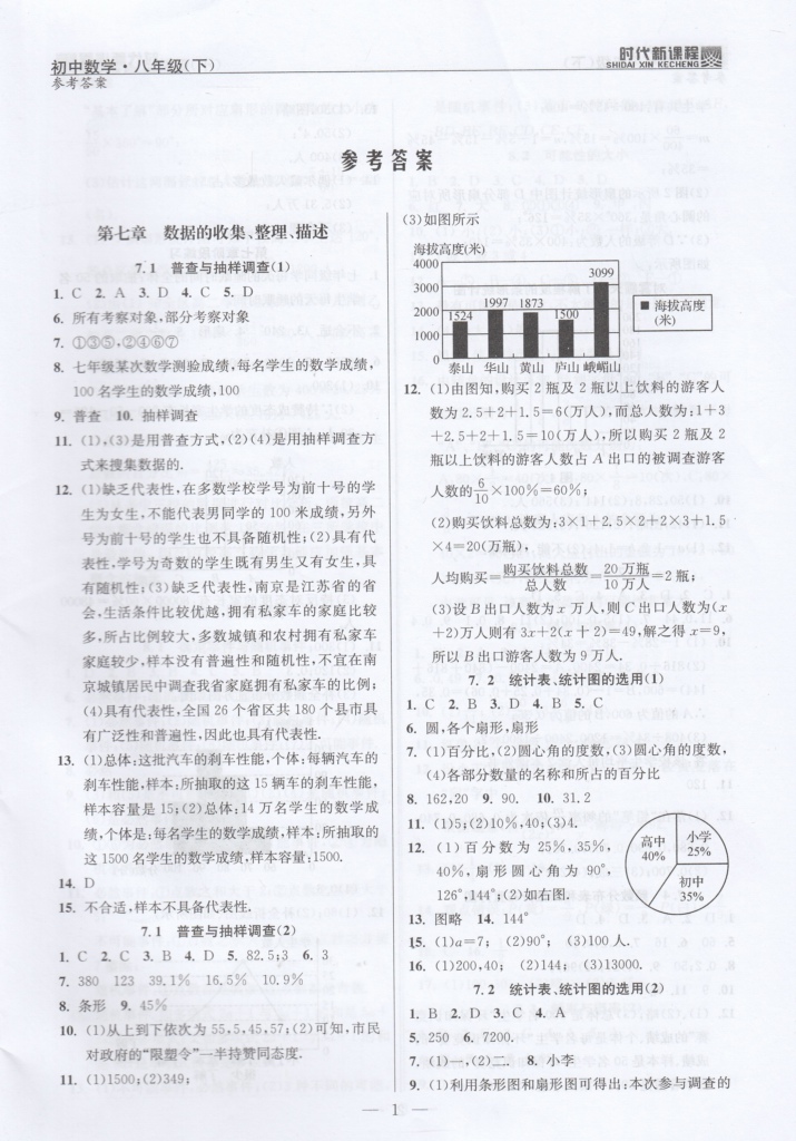 2020年時代新課程初中數(shù)學(xué)八年級下冊蘇科版 參考答案第1頁