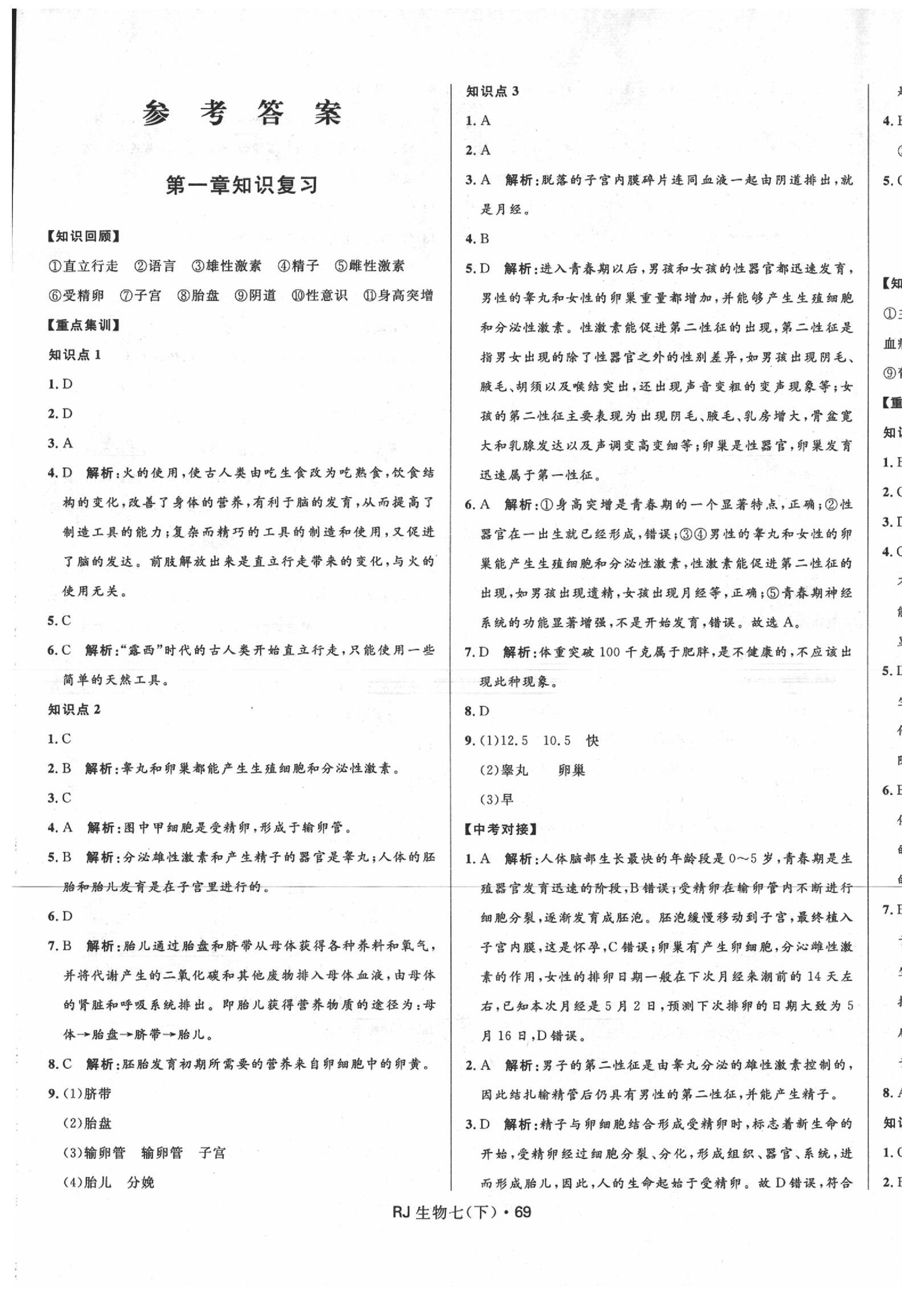 2020年奪冠百分百初中優(yōu)化測試卷七年級生物下冊人教版 參考答案第1頁