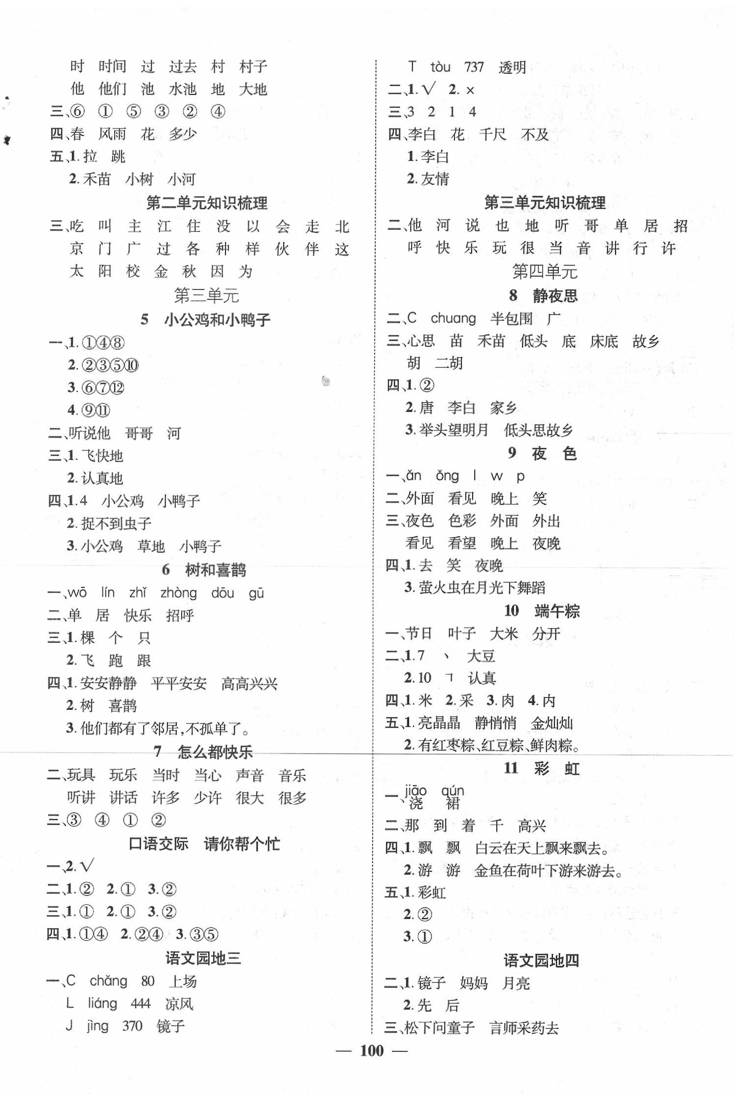 2020年名师测控一年级语文下册人教版 参考答案第2页