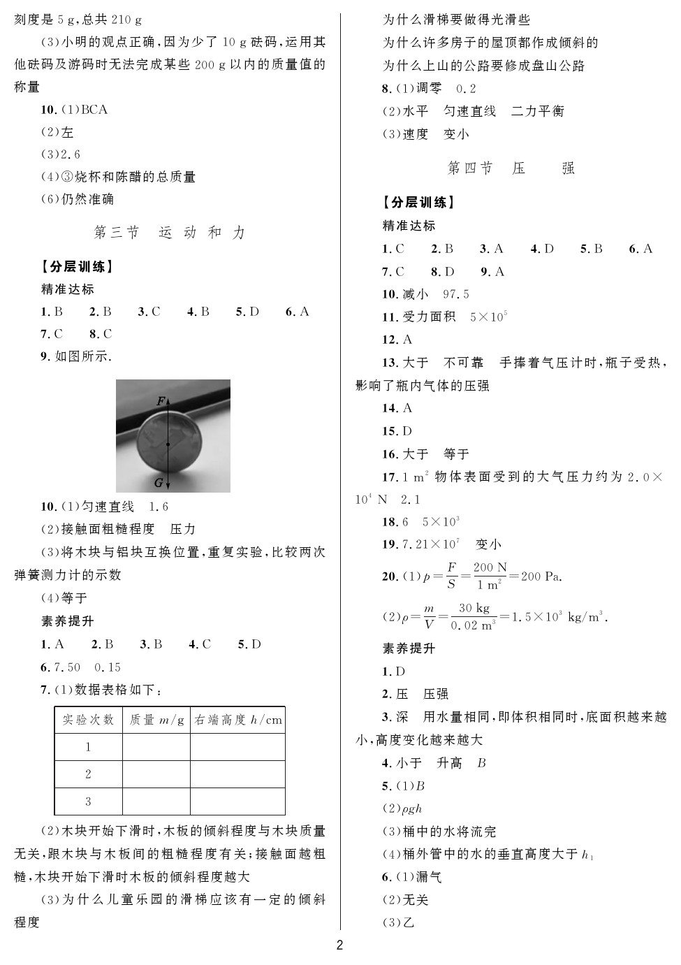 2020年山西省中考指导物理 参考答案第2页