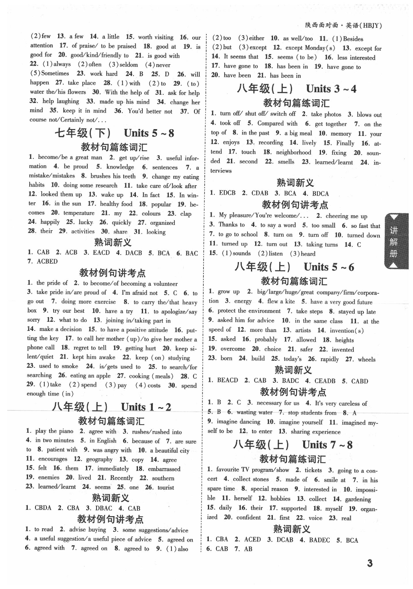 2020年陜西中考面對(duì)面英語(yǔ)冀教版 參考答案第3頁(yè)