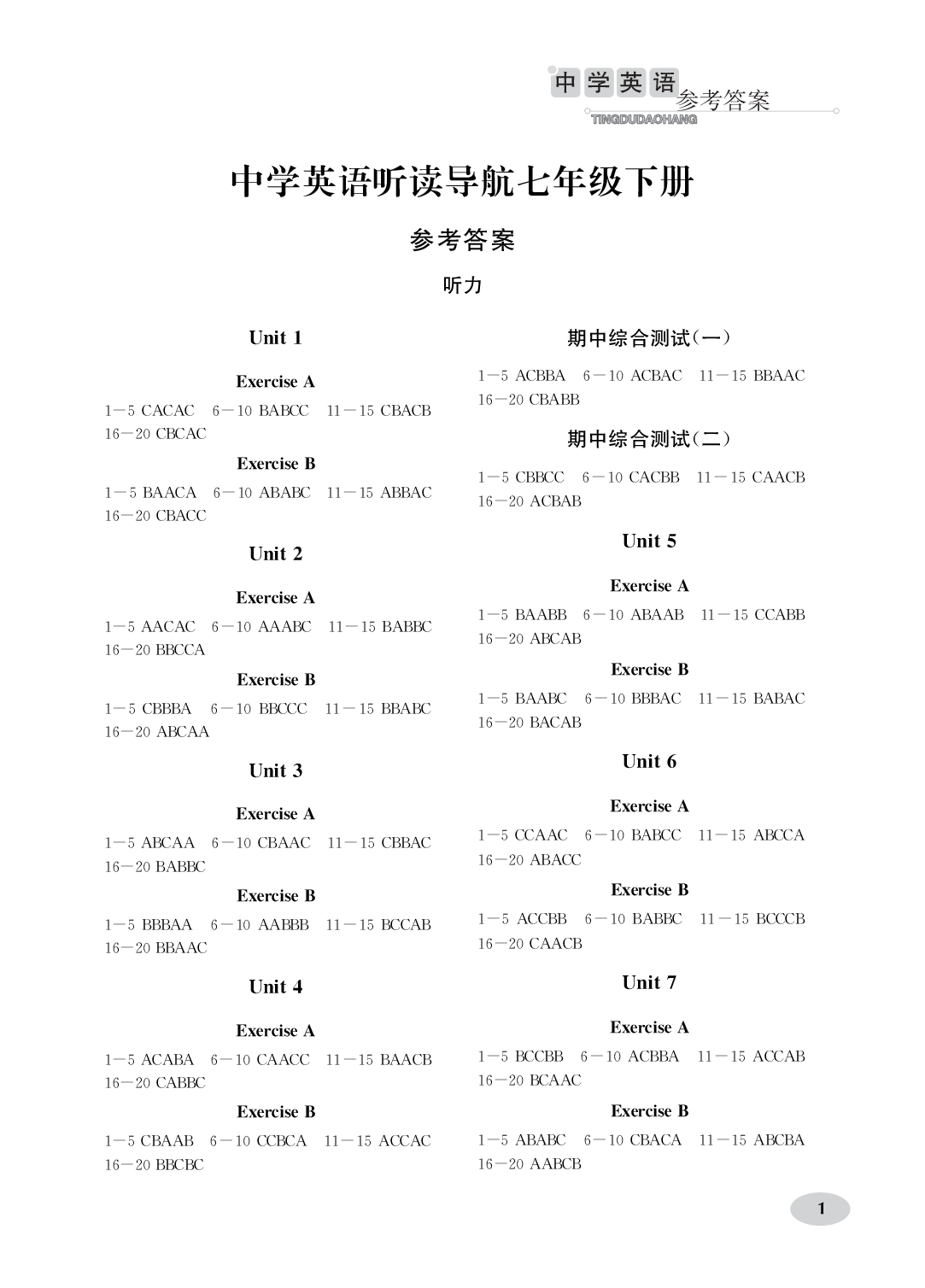 2020年中學(xué)英語(yǔ)聽讀導(dǎo)航七年級(jí)下冊(cè)譯林版 第1頁(yè)