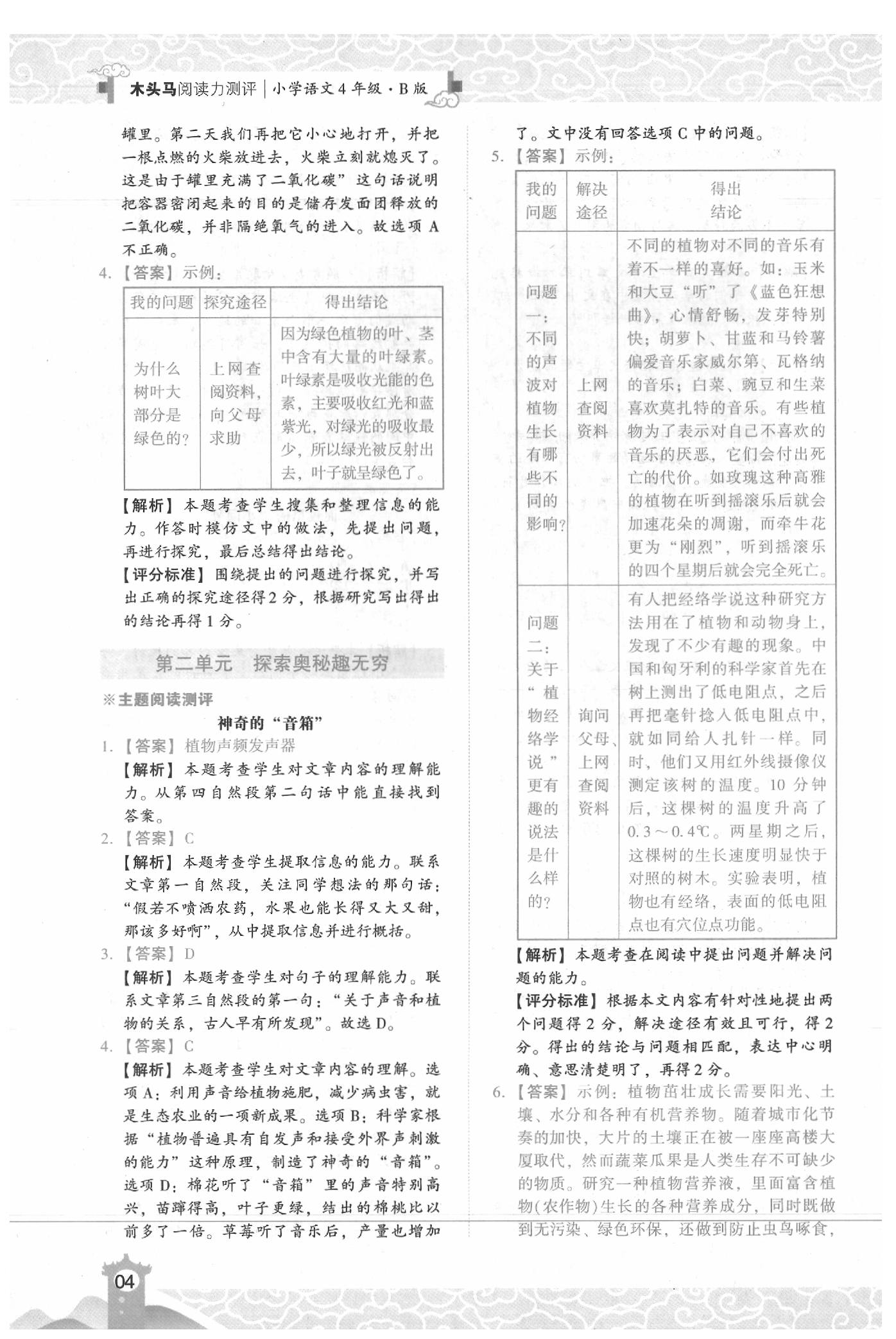 2020年木頭馬閱讀力測(cè)評(píng)小學(xué)語(yǔ)文四年級(jí)下冊(cè)B版人教版浙江專版 參考答案第4頁(yè)