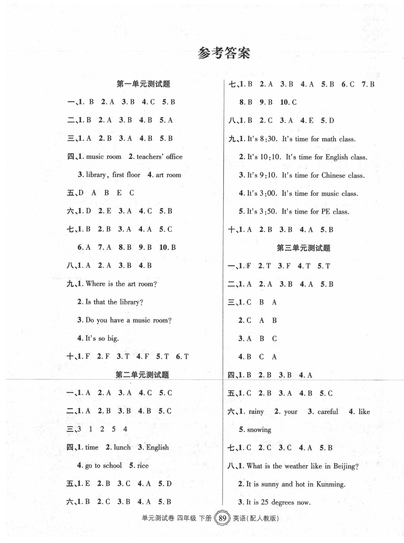 2020年智慧通單元測(cè)試卷四年級(jí)英語(yǔ)下冊(cè)人教版 參考答案第1頁(yè)