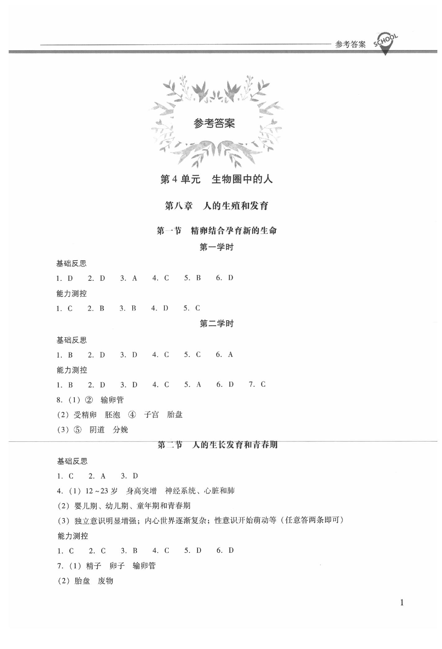 2020新課程問題解決導(dǎo)學(xué)方案七年級(jí)生物學(xué)下冊(cè)鳳凰版 參考答案第1頁(yè)