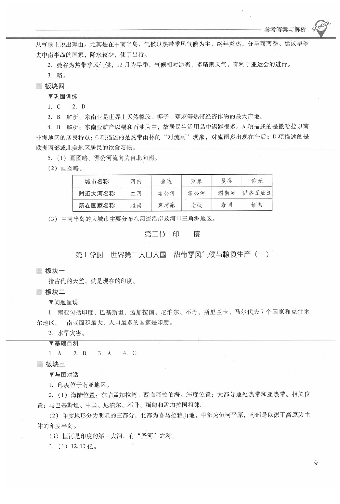 2020年新课程问题解决导学方案七年级地理下册人教版 参考答案第9页