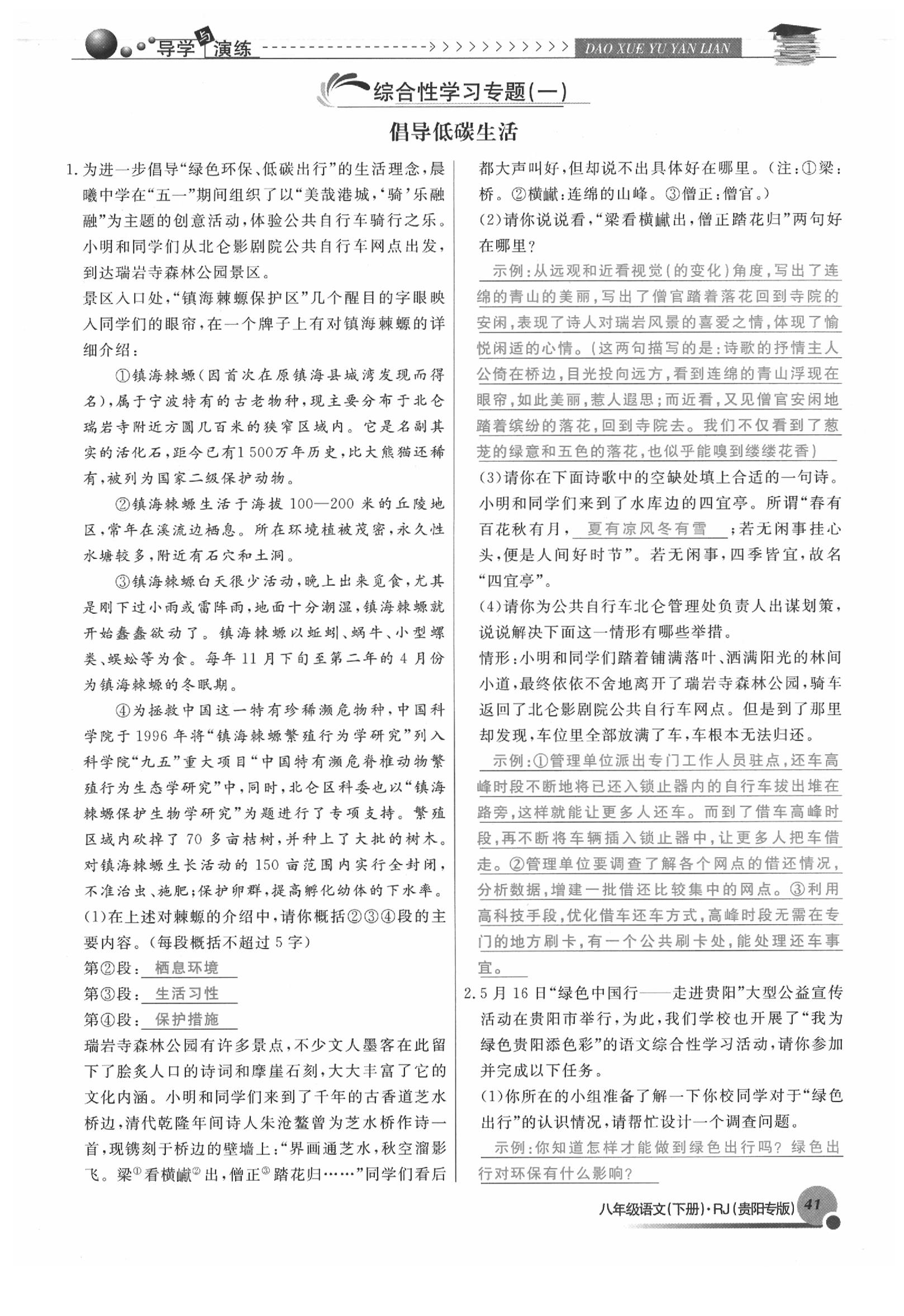 2020年導(dǎo)學(xué)與演練八年級語文下冊人教版貴陽專版 參考答案第41頁