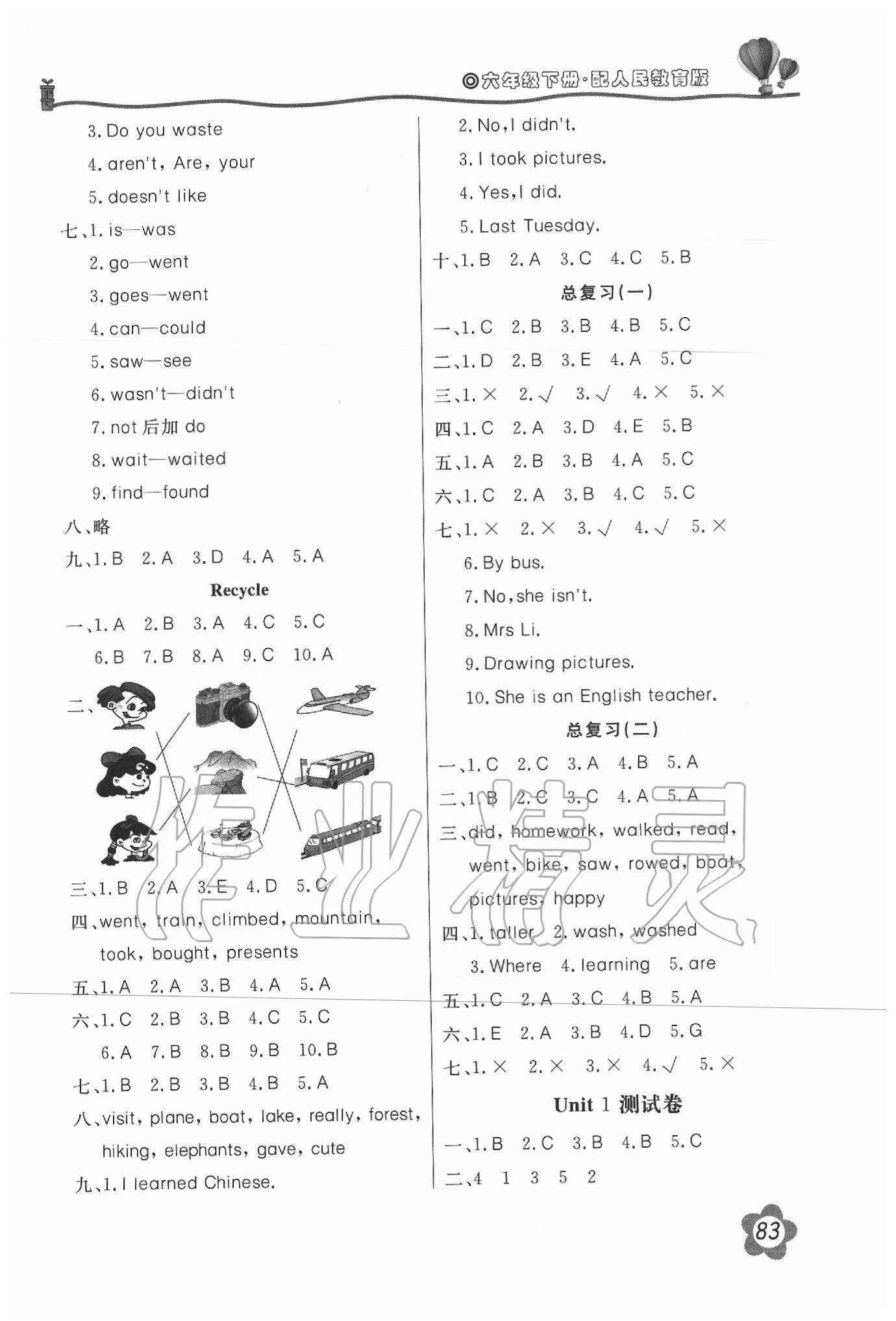 2020年新課堂同步訓(xùn)練六年級英語下冊人教PEP版 參考答案第4頁