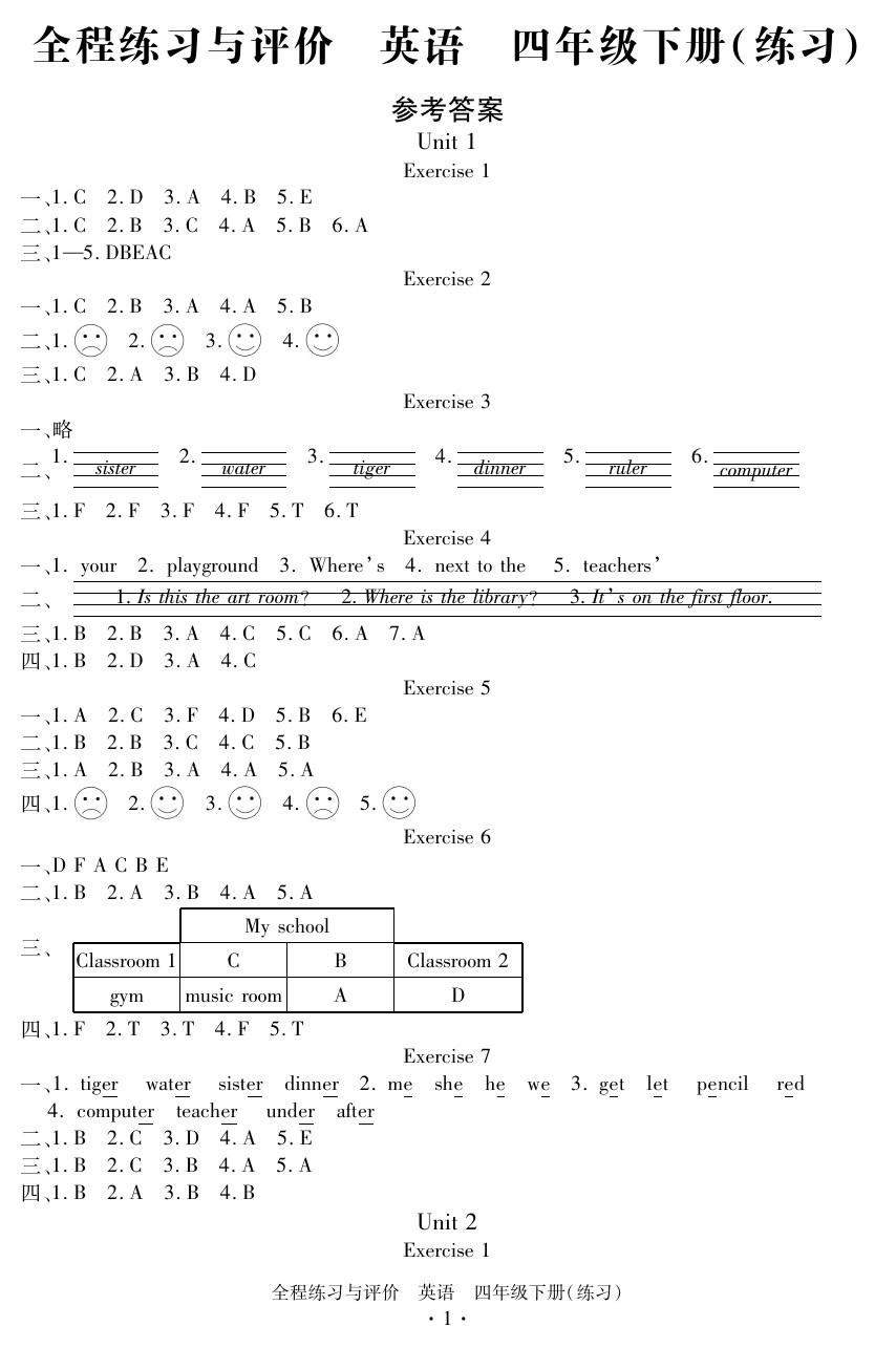 2020年全程練習與評價四年級英語下冊人教版 參考答案第1頁