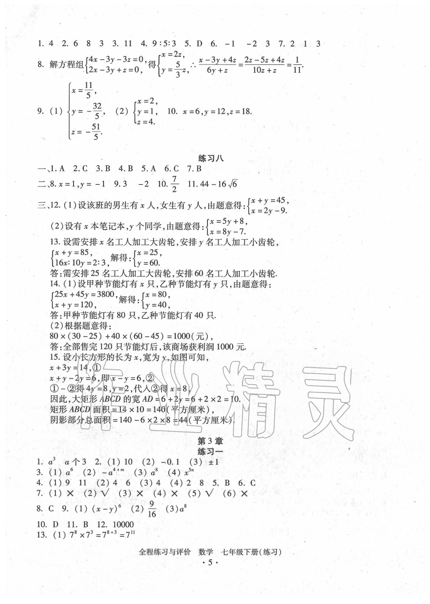 2020年全程練習(xí)與評(píng)價(jià)七年級(jí)數(shù)學(xué)下冊(cè)浙教版練習(xí)版 參考答案第5頁