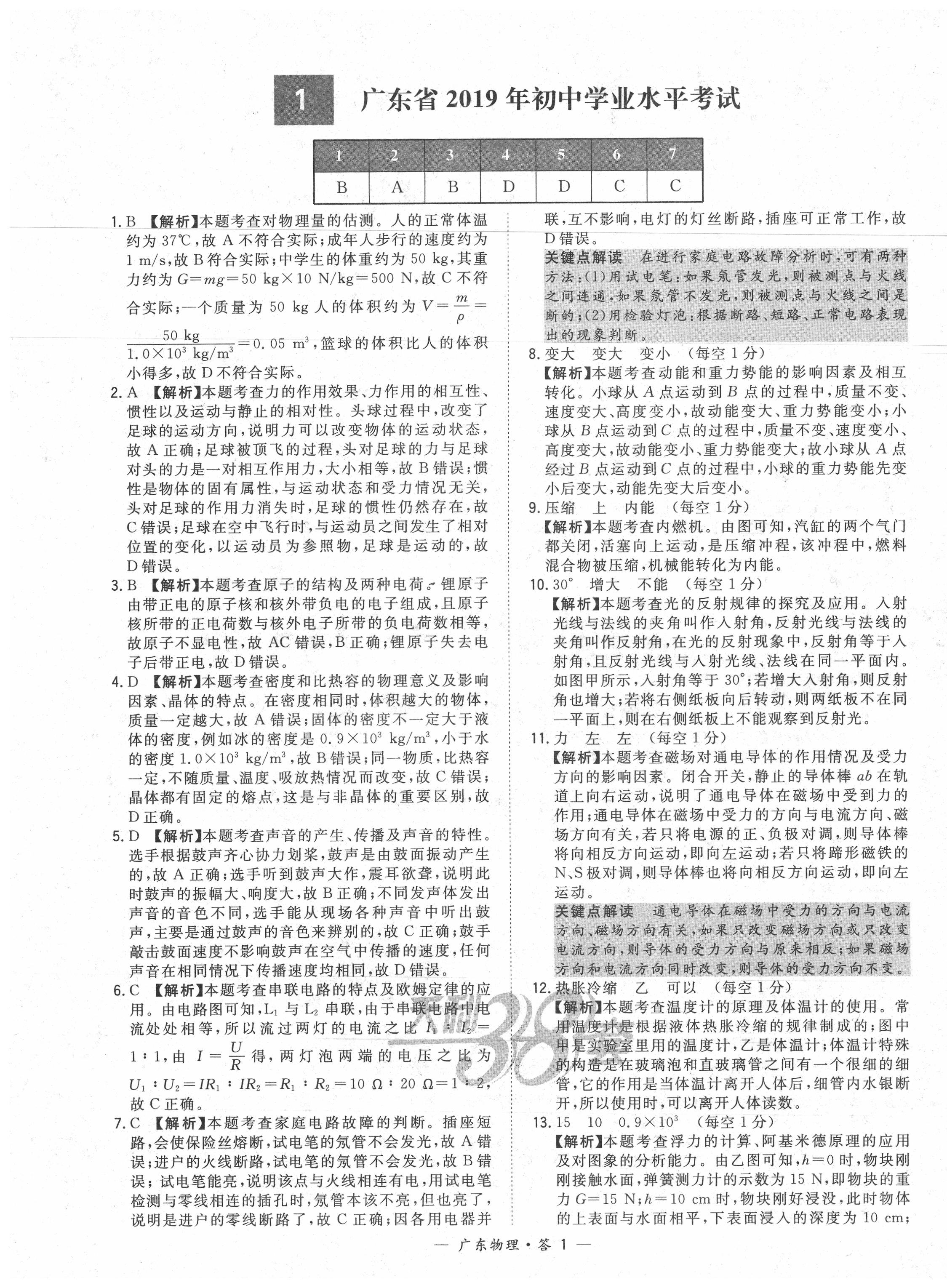 2020年天利38套广东省中考试题精选物理 第1页