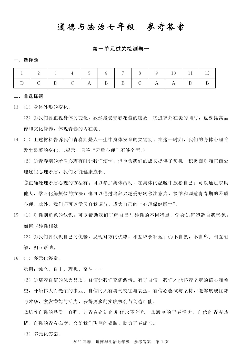 2020年100分單元過關(guān)檢測荊州測試卷七年級道德與法治下冊人教版 參考答案第1頁