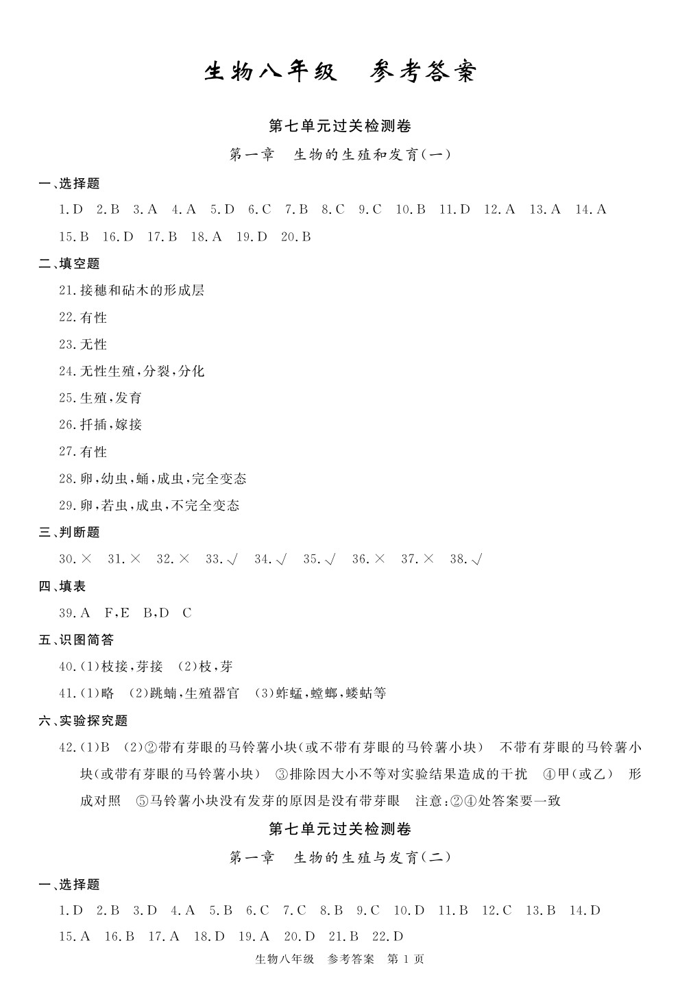 2020年100分單元過關檢測荊州測試卷八年級生物下冊人教版 參考答案第1頁