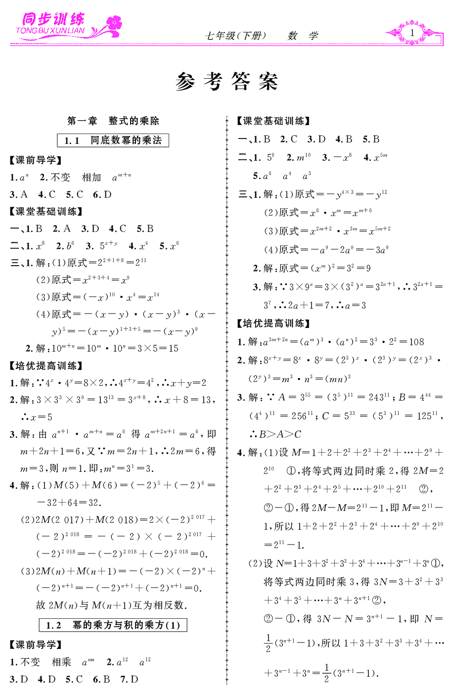 2020年同步训练创新作业七年级数学下册 第1页