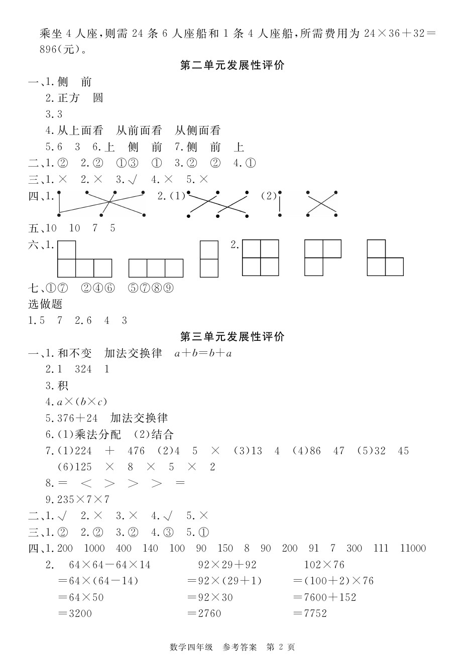 2020年100分單元過關(guān)檢測(cè)荊州測(cè)試卷四年級(jí)數(shù)學(xué)下冊(cè)人教版 參考答案第2頁