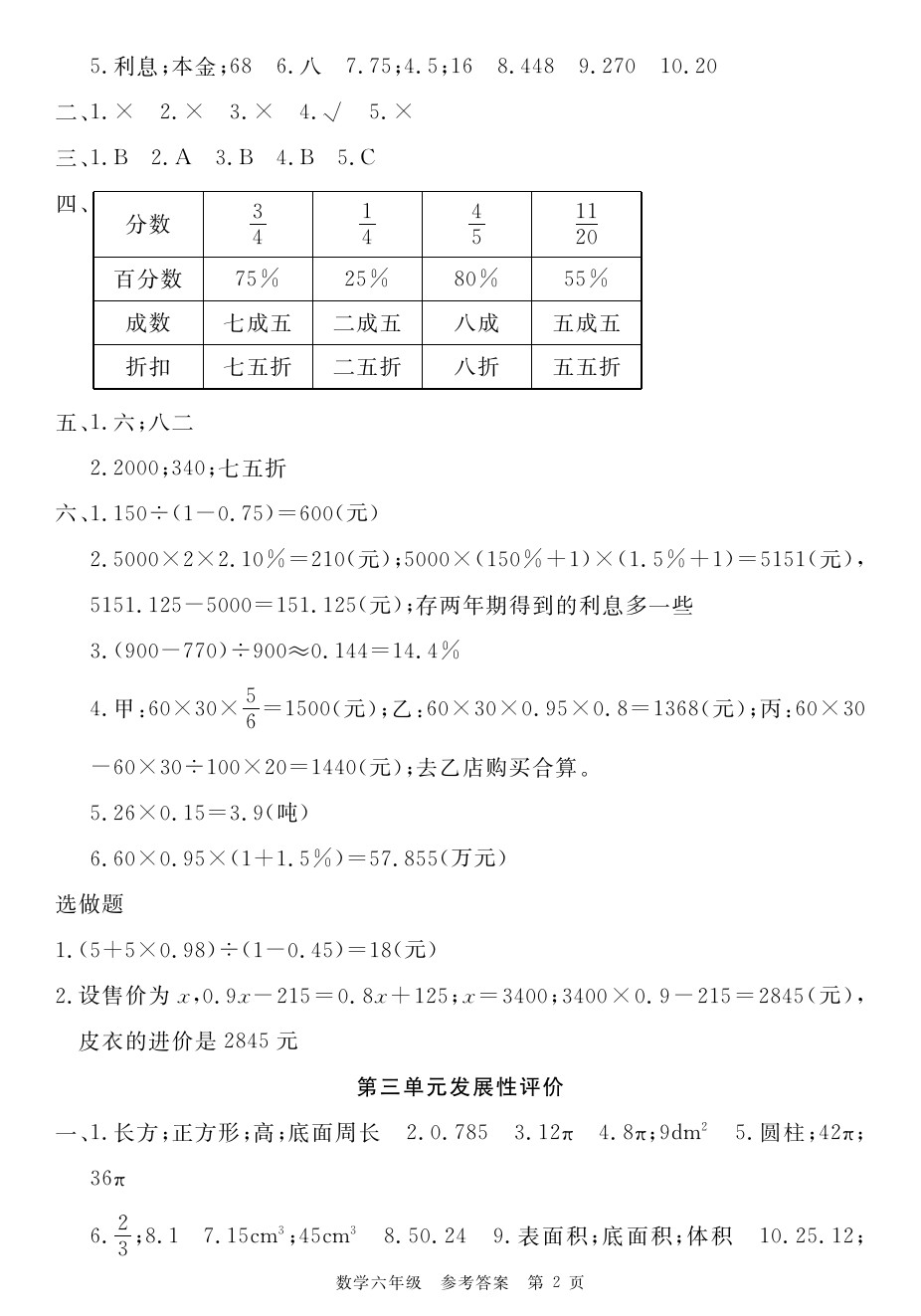 2020年100分單元過關(guān)檢測(cè)荊州測(cè)試卷六年級(jí)數(shù)學(xué)下冊(cè)人教版 參考答案第2頁(yè)