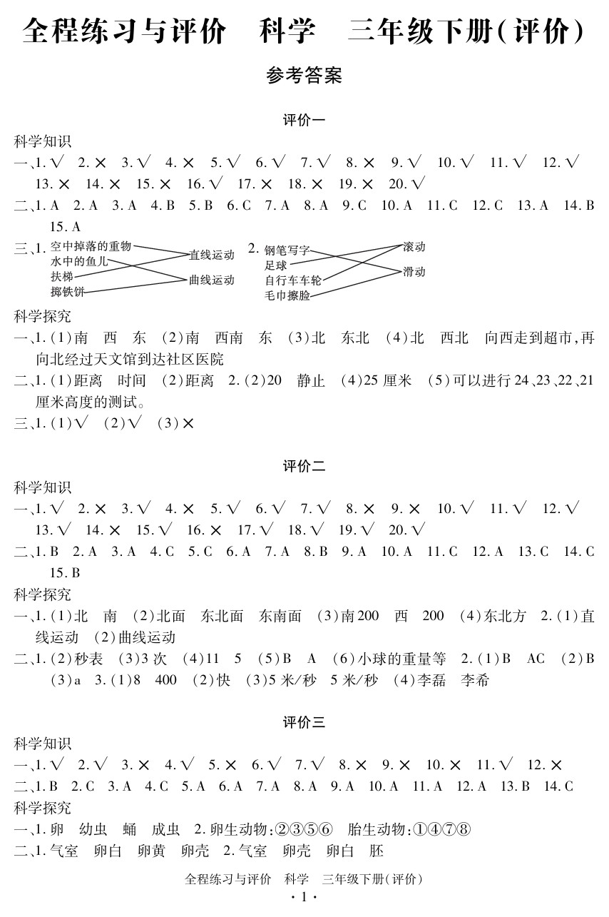 2020年全程練習(xí)與評價(jià)三年級科學(xué)下冊教科版評價(jià)專版 參考答案第1頁