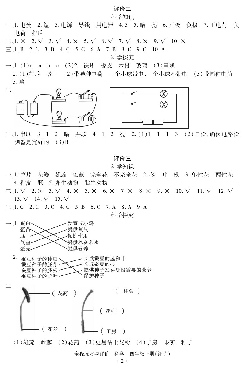 2020年全程练习与评价四年级科学下册教科版评价专版 参考答案第2页