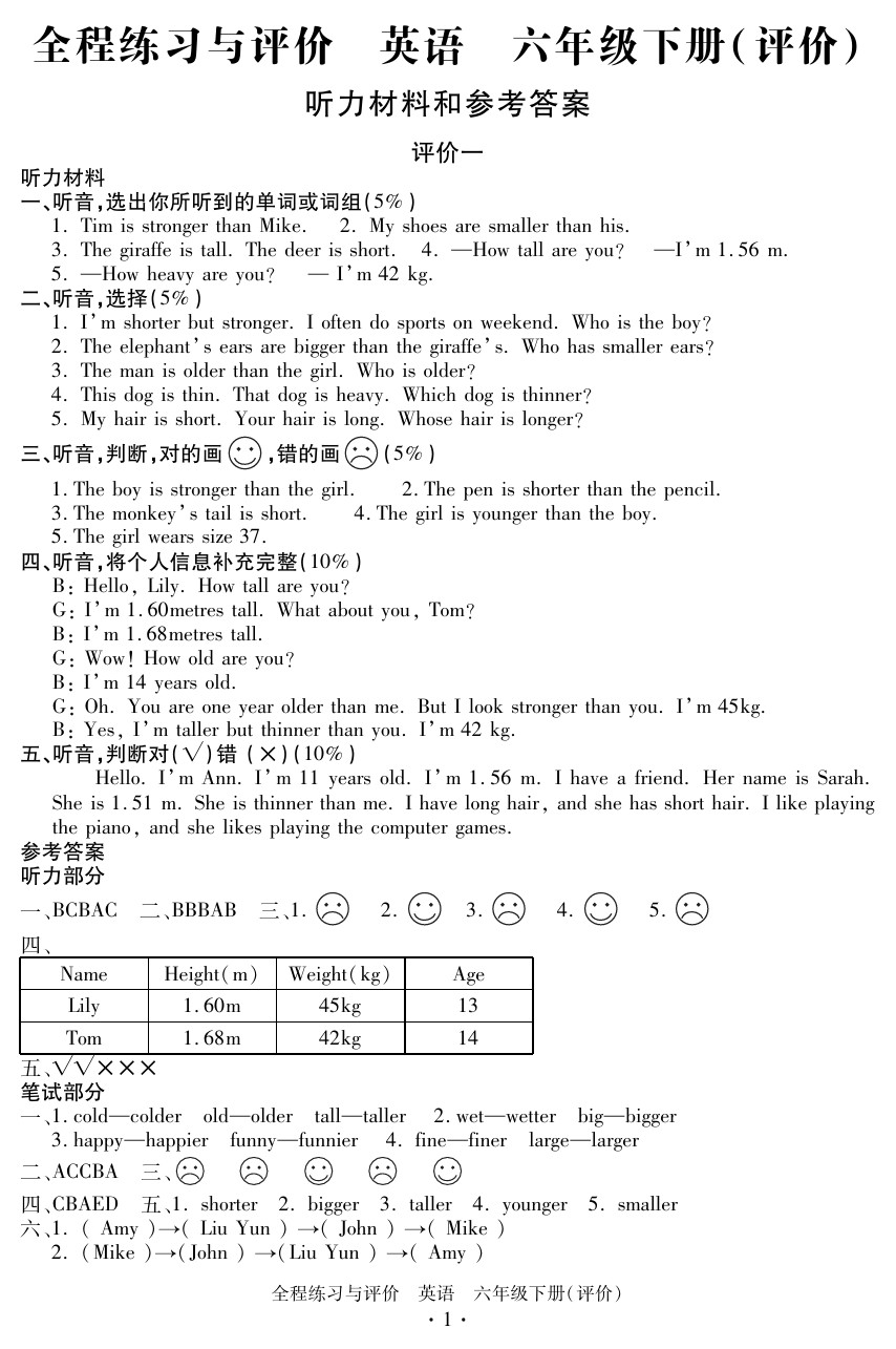 2020年全程練習(xí)與評(píng)價(jià)六年級(jí)英語下冊(cè)人教版評(píng)價(jià)專版 參考答案第1頁