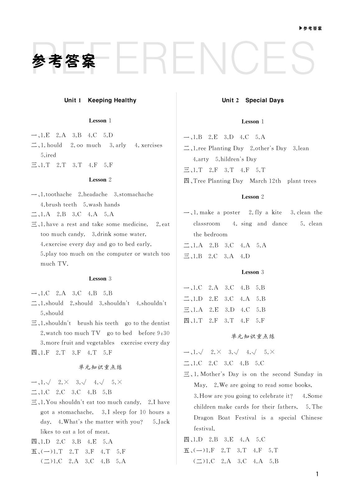 2020年超越訓(xùn)練講練測五年級英語下冊人教新起點 參考答案第1頁