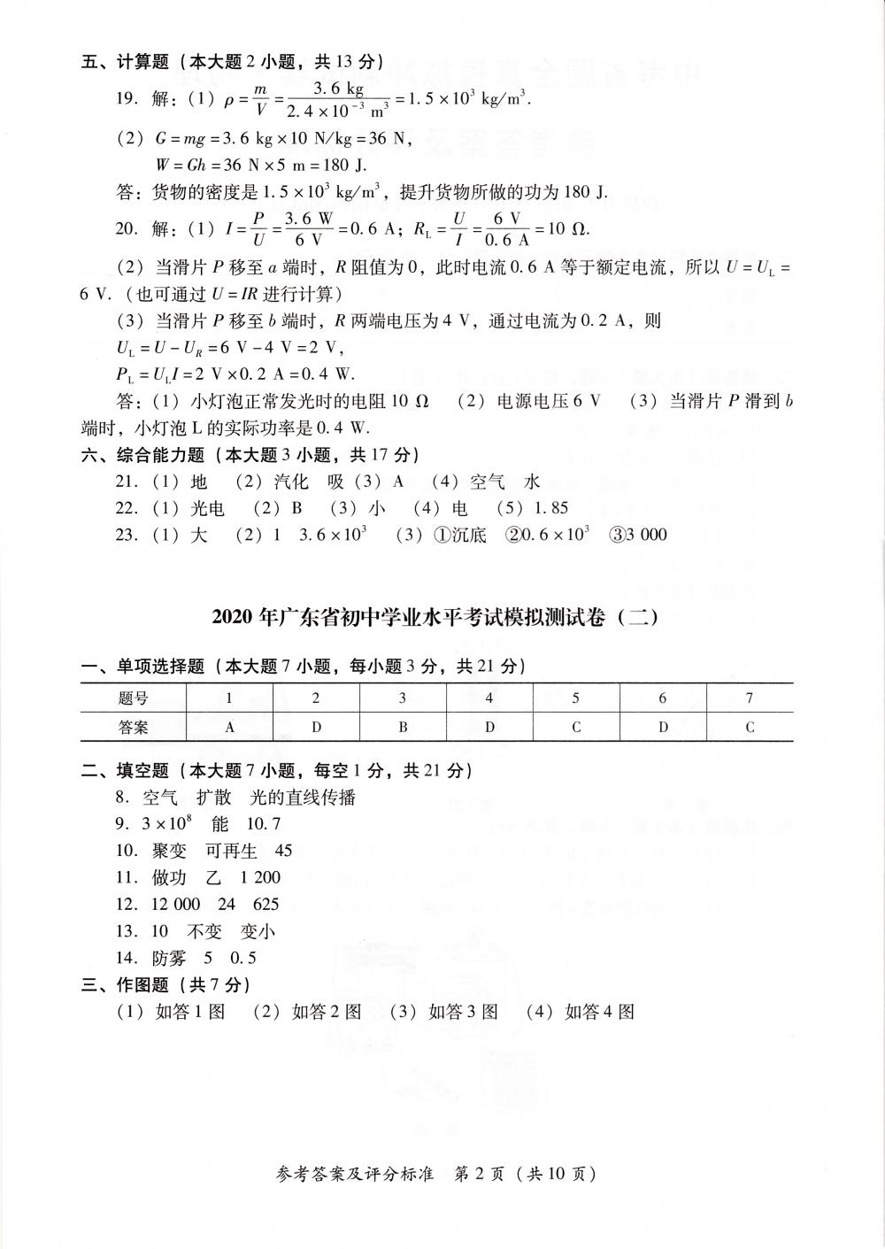2020年中考省題全真模擬沖刺試卷九年級物理中考用書通用版 參考答案第2頁