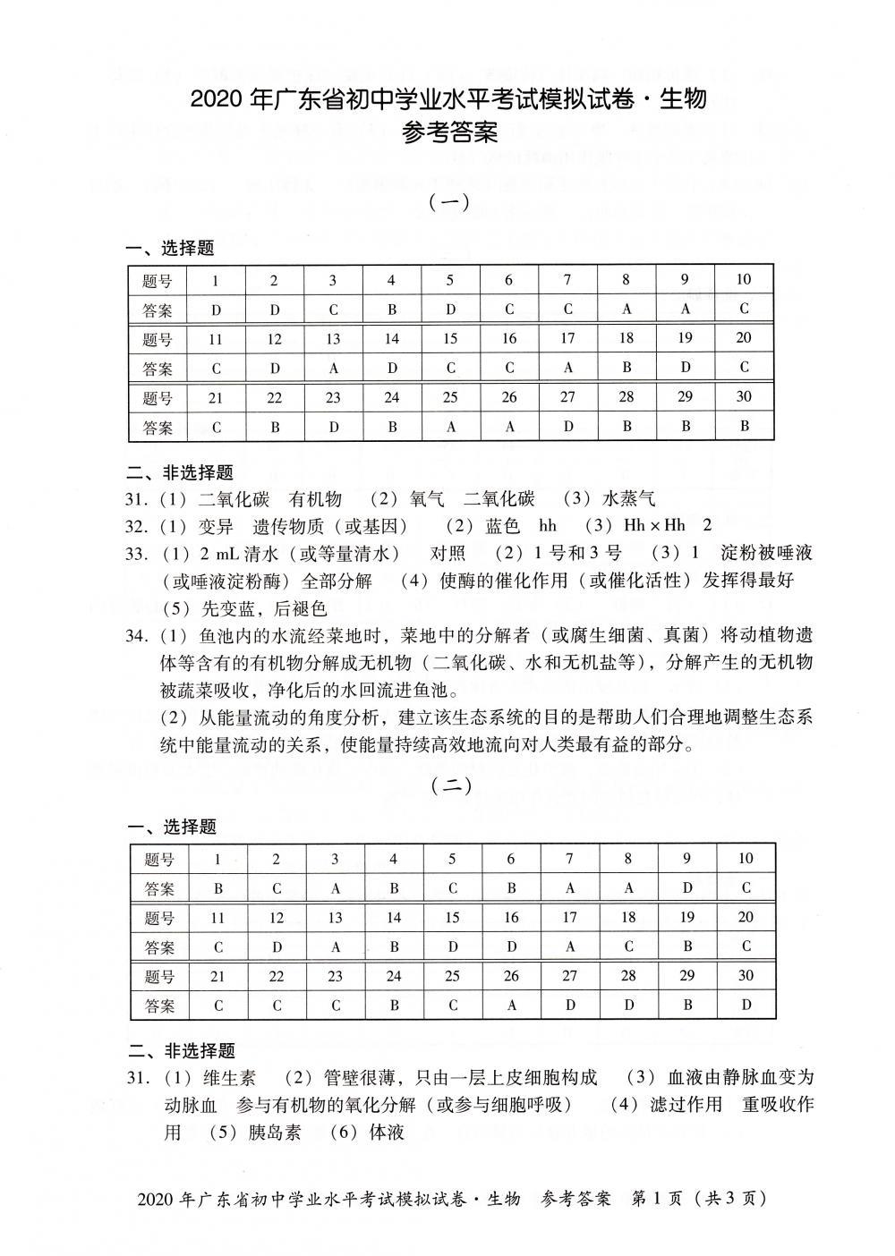 2020年廣東省初中學(xué)業(yè)水平考試模擬試卷九年級生物中考用書通用版 參考答案第1頁