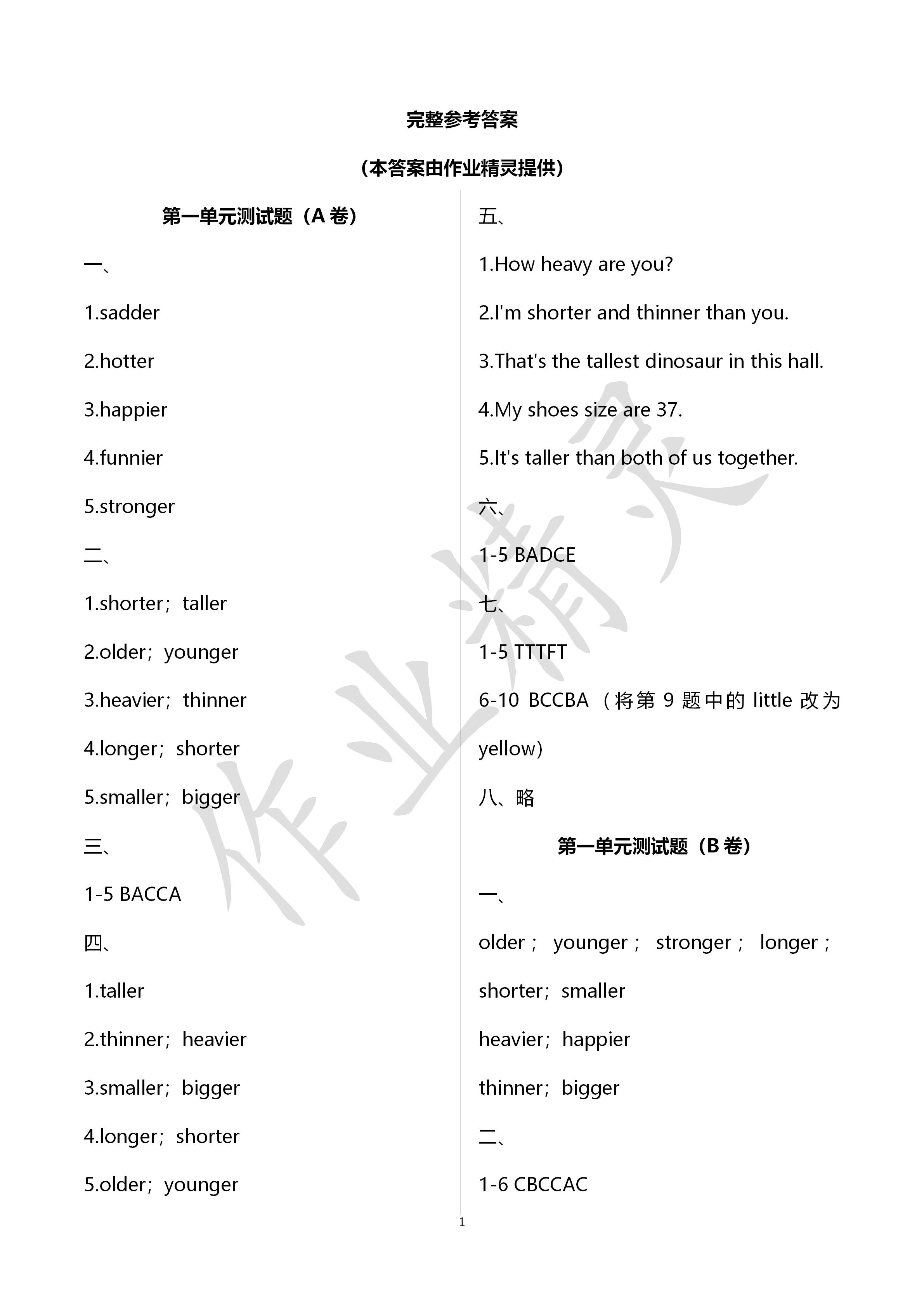 2020年單元自測試卷六年級英語下學期人教版 第1頁