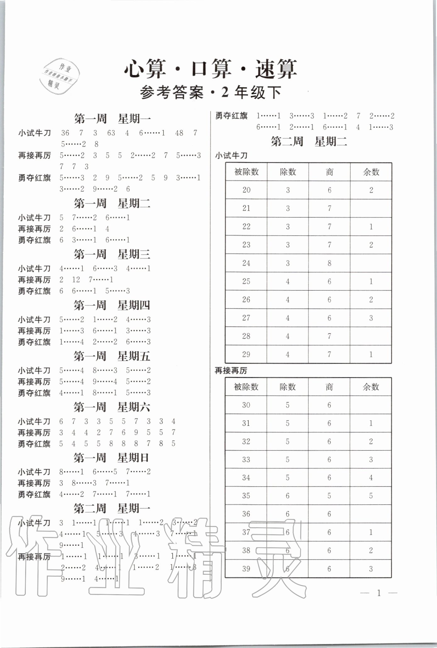2020年口算心算速算二年級下冊江蘇鳳凰美術出版社 第1頁