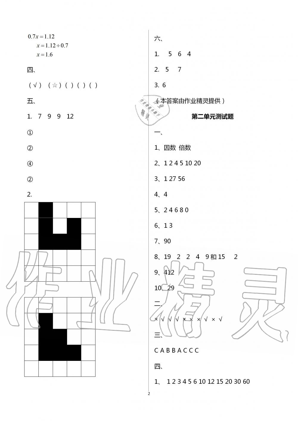 2020年單元自測卷五年級數學下冊人教版 第2頁