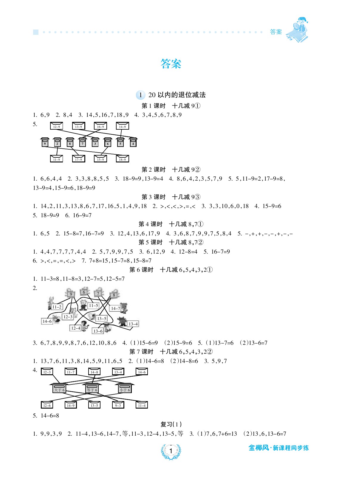 2020年金椰風(fēng)新課程同步練一年級數(shù)學(xué)下冊蘇教版 參考答案第1頁