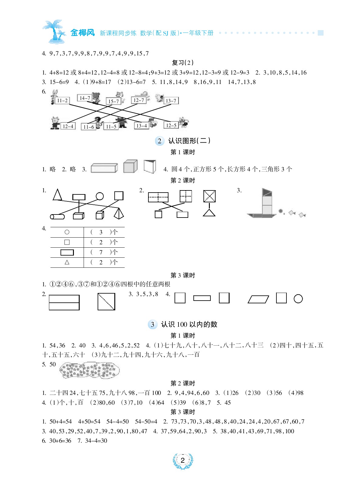 2020年金椰風(fēng)新課程同步練一年級數(shù)學(xué)下冊蘇教版 參考答案第2頁