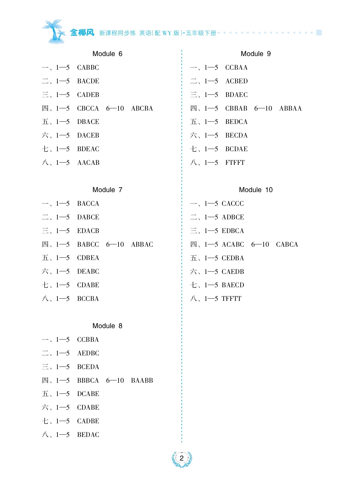 2020年金椰風新課程同步練五年級英語下冊外研版 參考答案第2頁