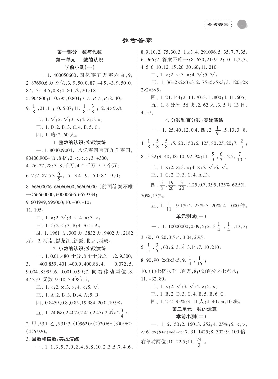 2020年金椰風(fēng)小學(xué)數(shù)學(xué)畢業(yè)總復(fù)習(xí)六年級人教版 參考答案第1頁