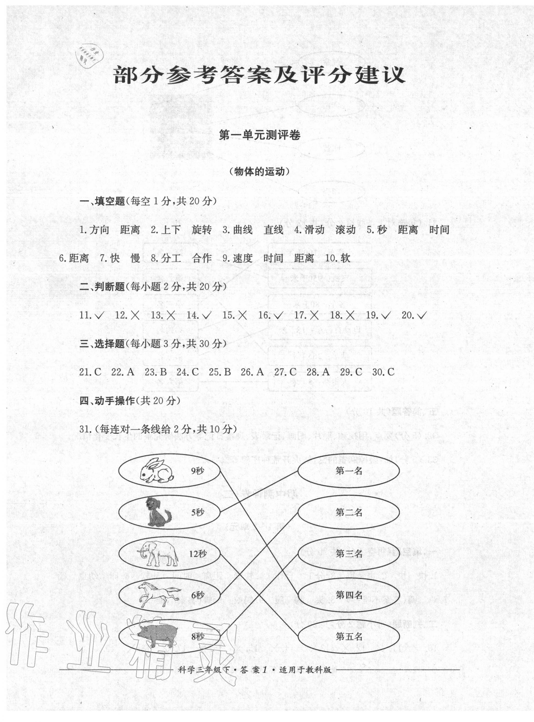 2020年單元測評三年級科學下冊教科版四川教育出版社 第1頁
