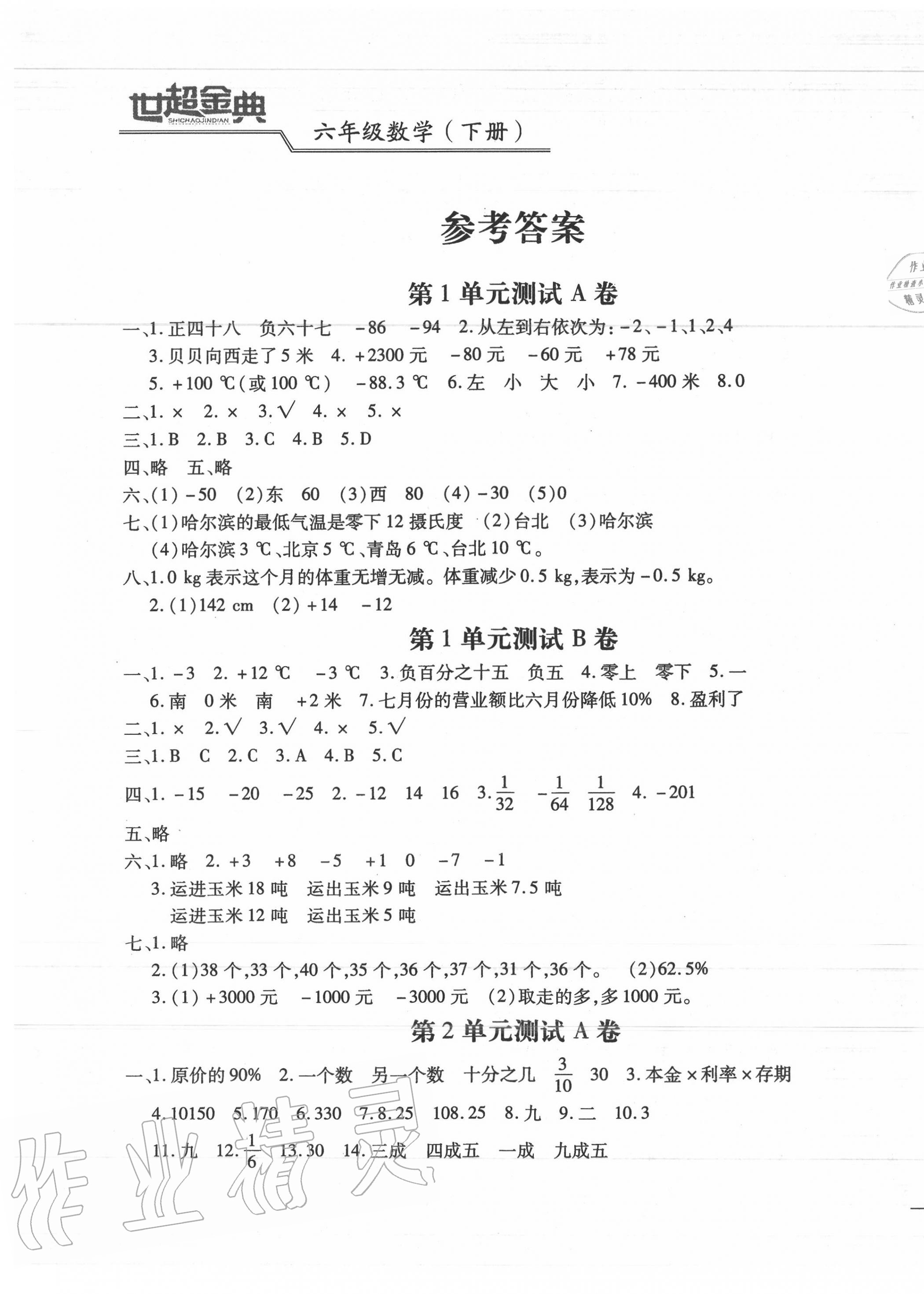 2020年世超金典三維達(dá)標(biāo)自測卷六年級數(shù)學(xué)下冊人教版 第1頁