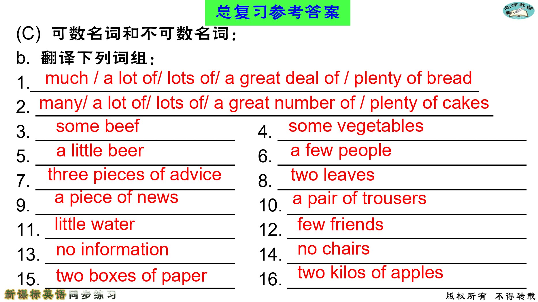 2020年名師教輔新課標(biāo)英語同步練習(xí)英語中考總復(fù)習(xí)新疆文化出版社 參考答案第124頁