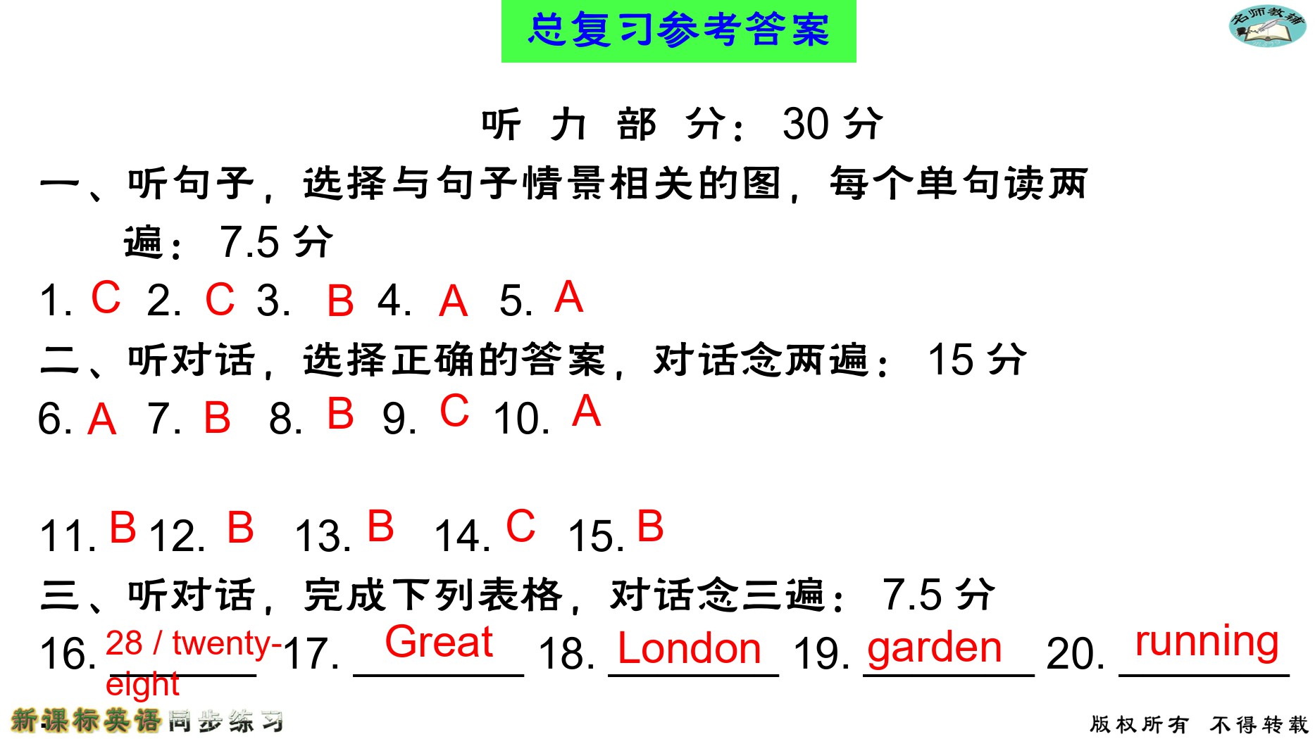 2020年名师教辅新课标英语同步练习英语中考总复习新疆文化出版社 参考答案第65页