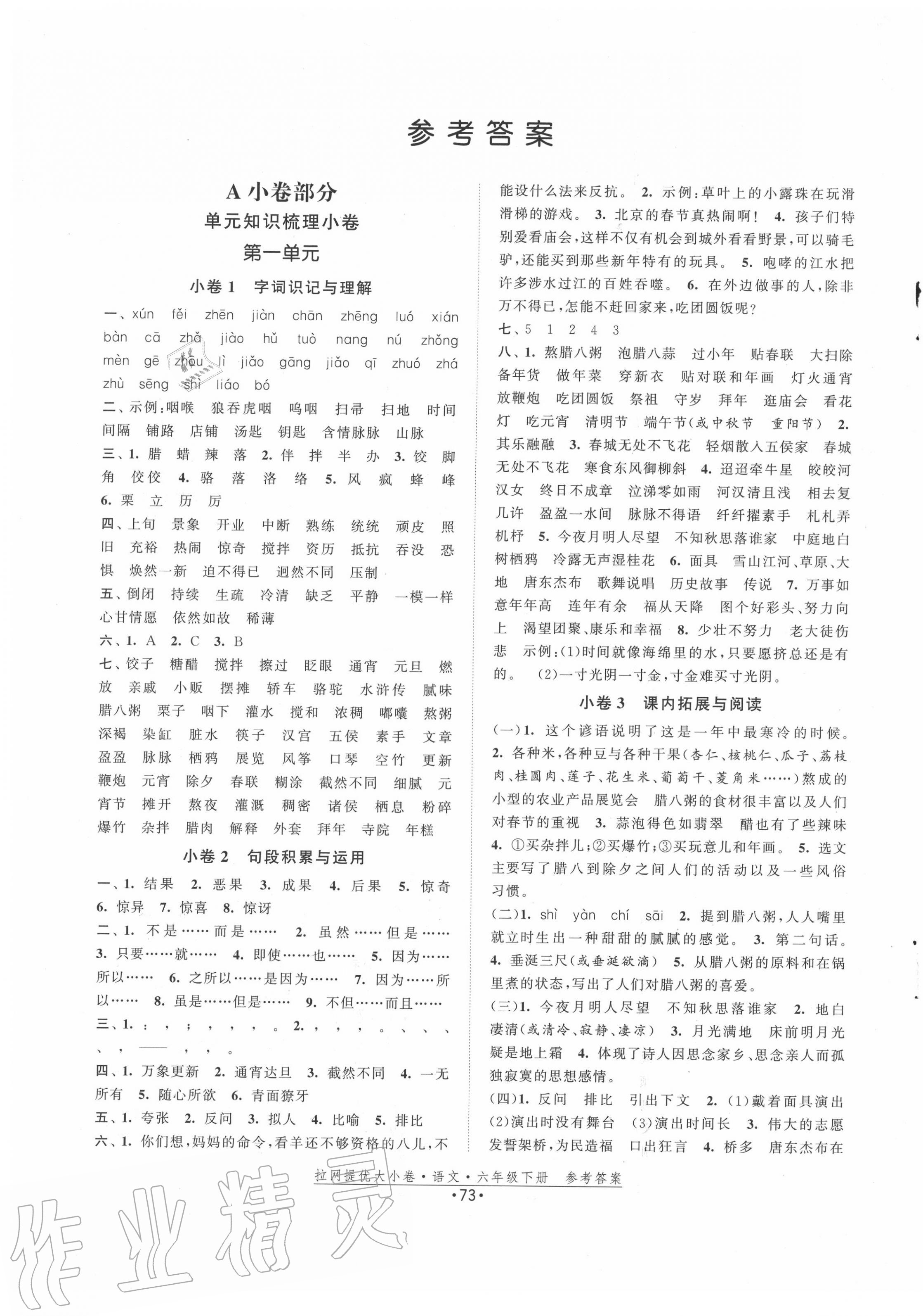 2020年拉網(wǎng)提優(yōu)大小卷六年級語文下冊人教版 第1頁