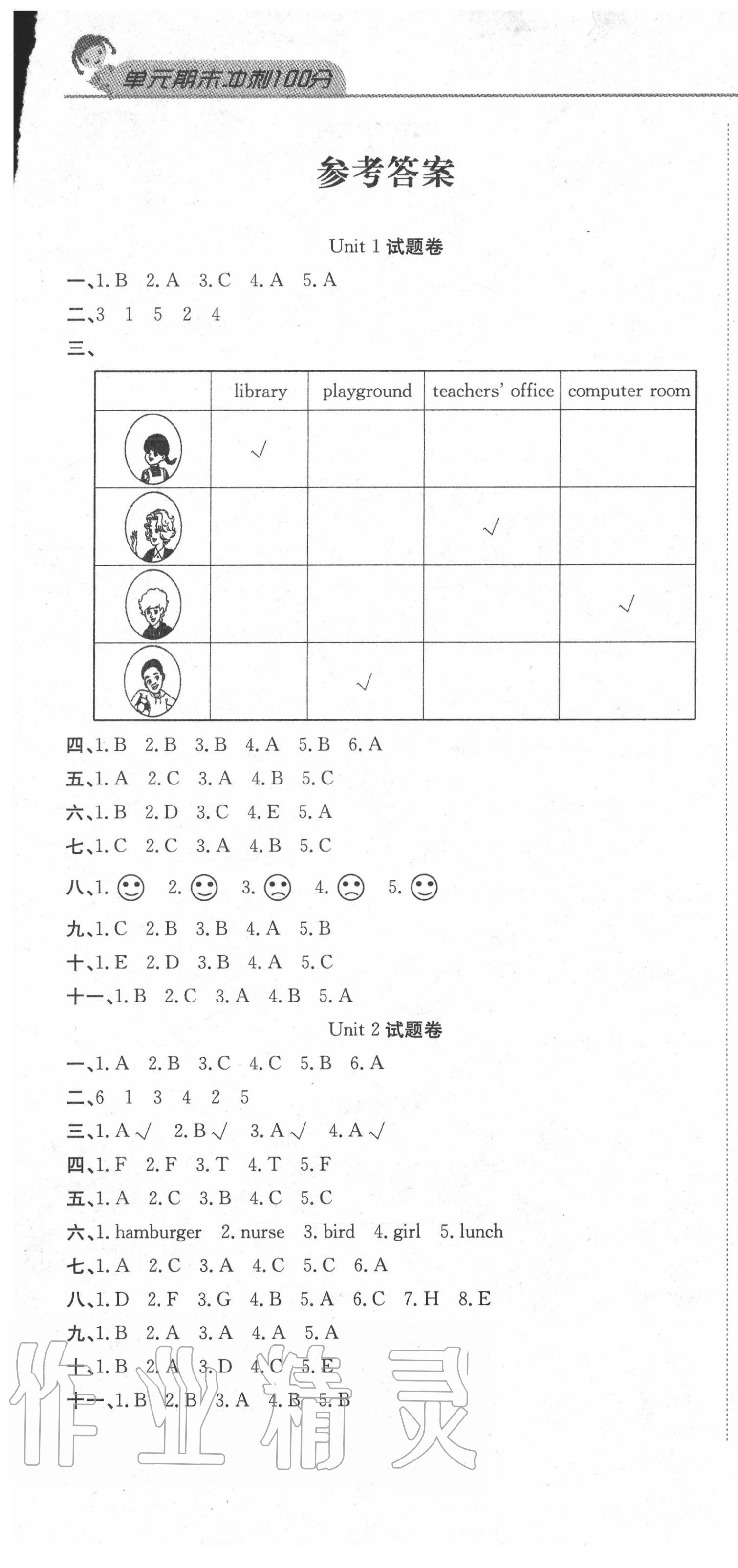 2020年黄冈海淀大考卷单元期末冲刺100分四年级英语下册人教PEP版 参考答案第1页