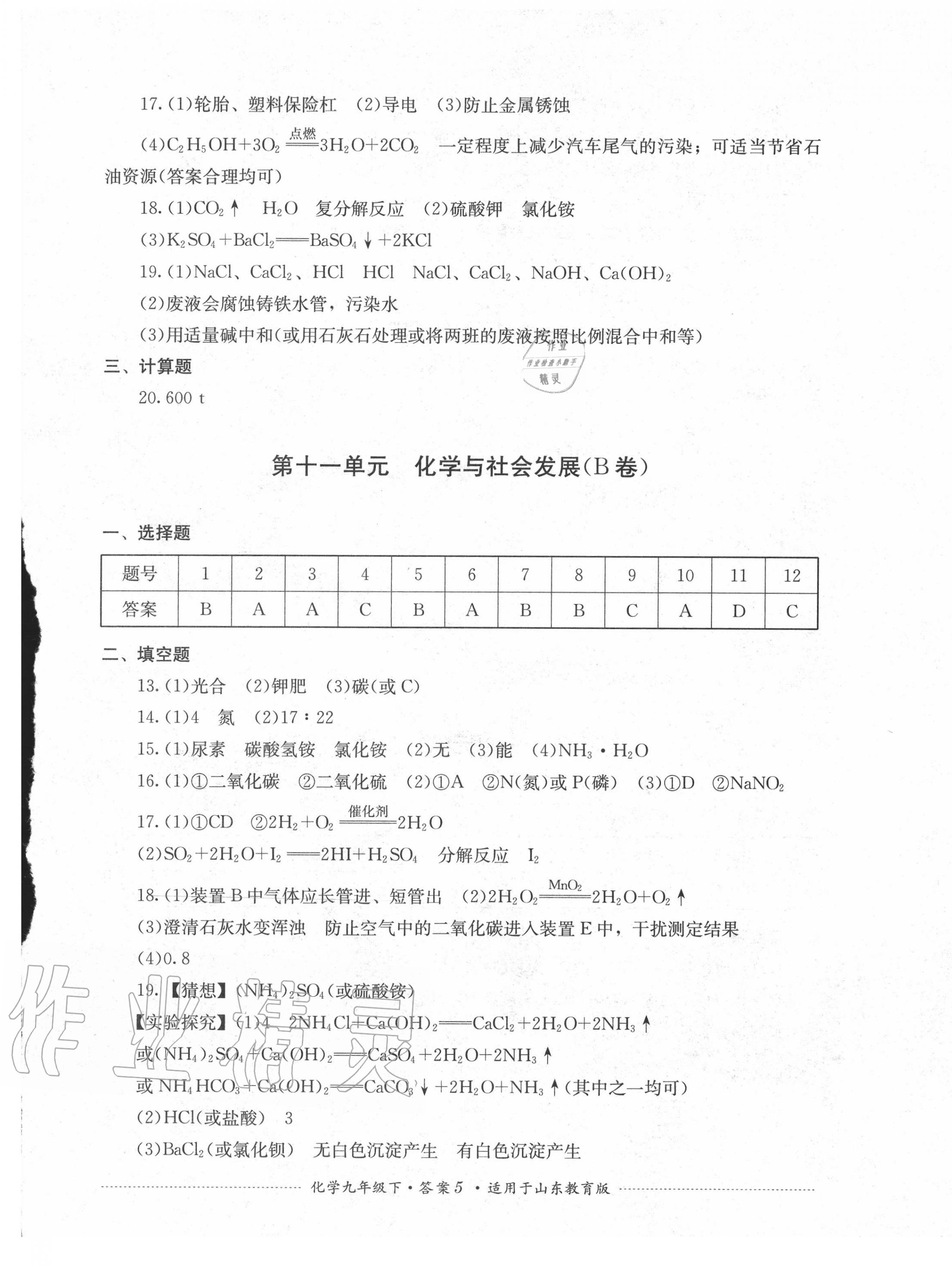 2020年單元測試九年級化學下冊魯教版四川教育出版社 第5頁