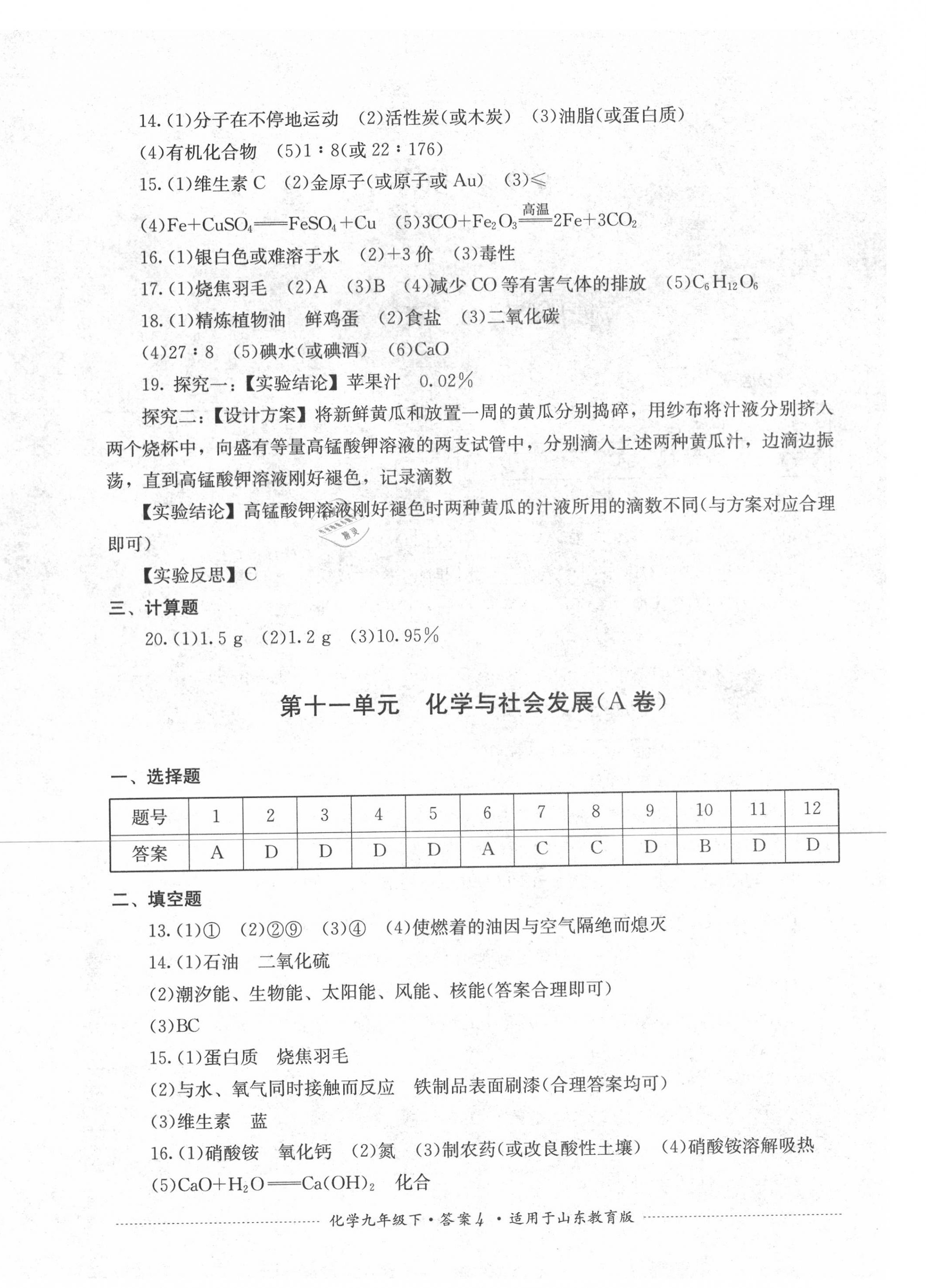 2020年單元測試九年級化學(xué)下冊魯教版四川教育出版社 第4頁