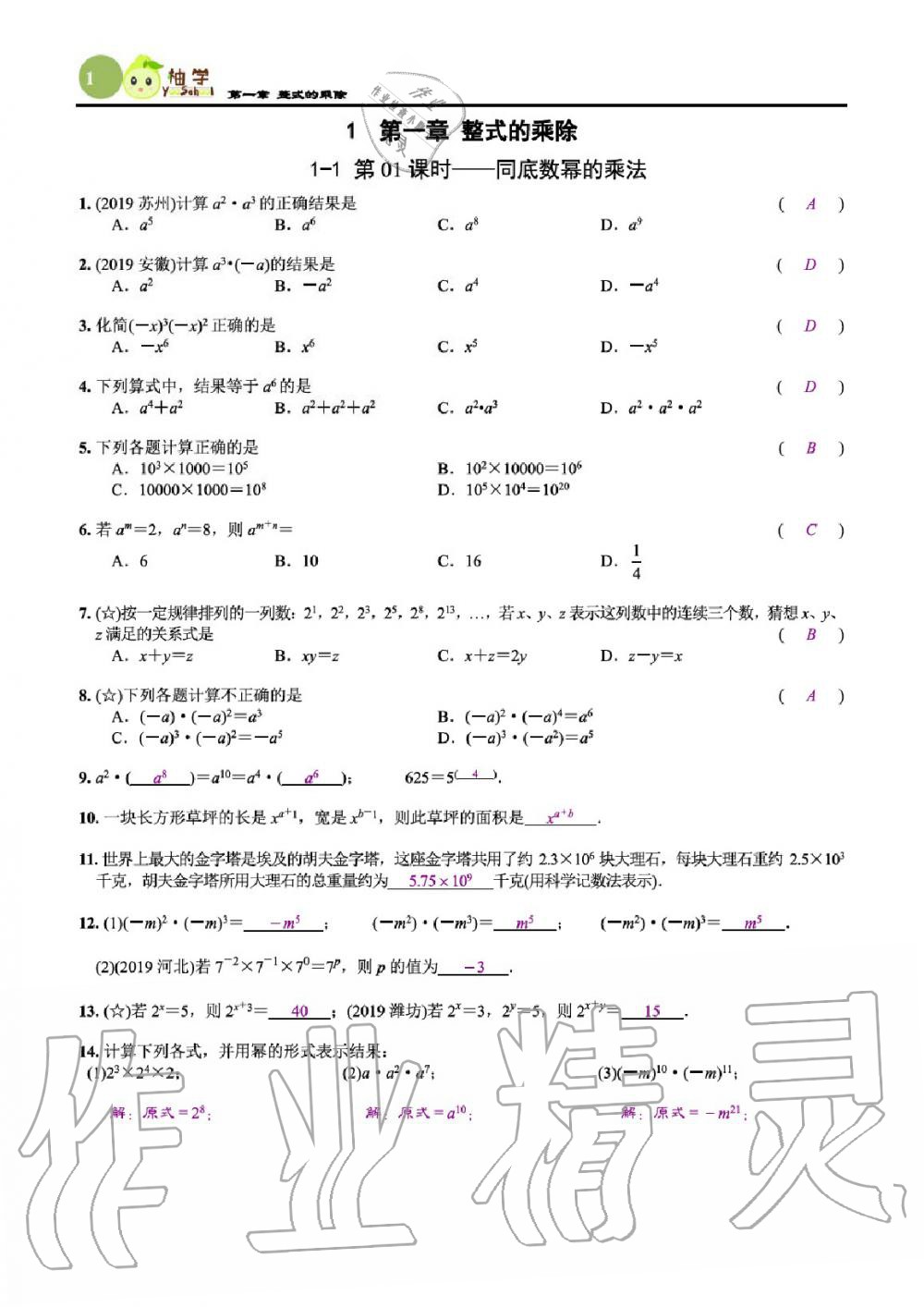 2020年課時分層作業(yè)本七年級數(shù)學(xué)下冊北師大版 參考答案第3頁