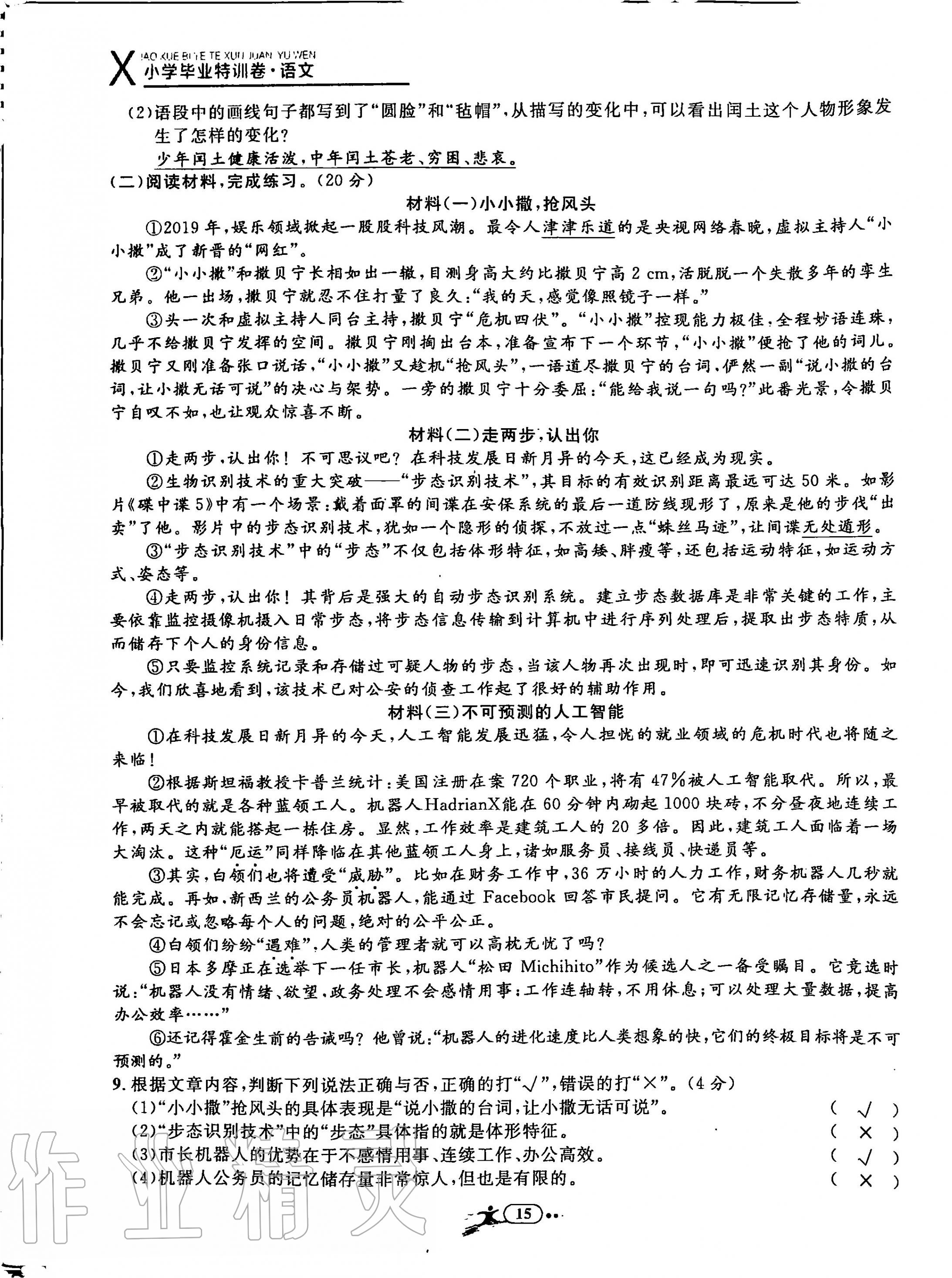 2020年小学毕业特训卷六年级语文全一册人教版&nbsp;第15页