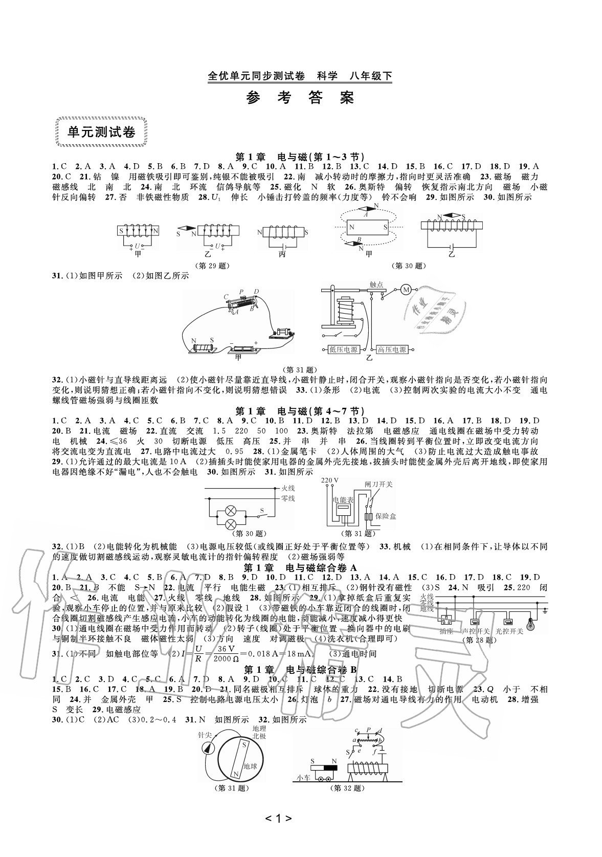 2020年全優(yōu)單元同步測(cè)試卷八年級(jí)科學(xué)下冊(cè)浙教版 參考答案第1頁(yè)